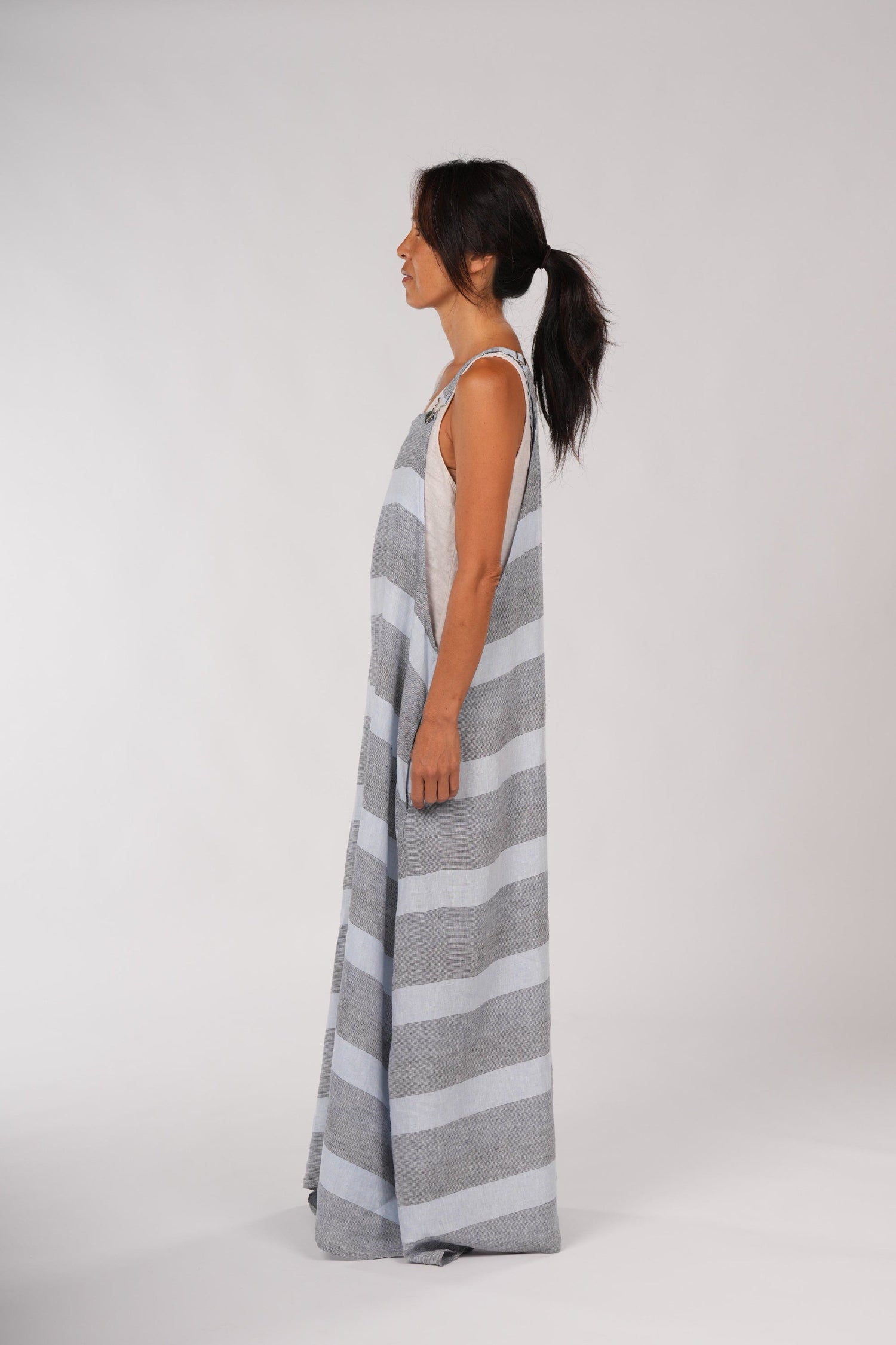 Overall-Style Maxi Linen Dress in Blue Stripe