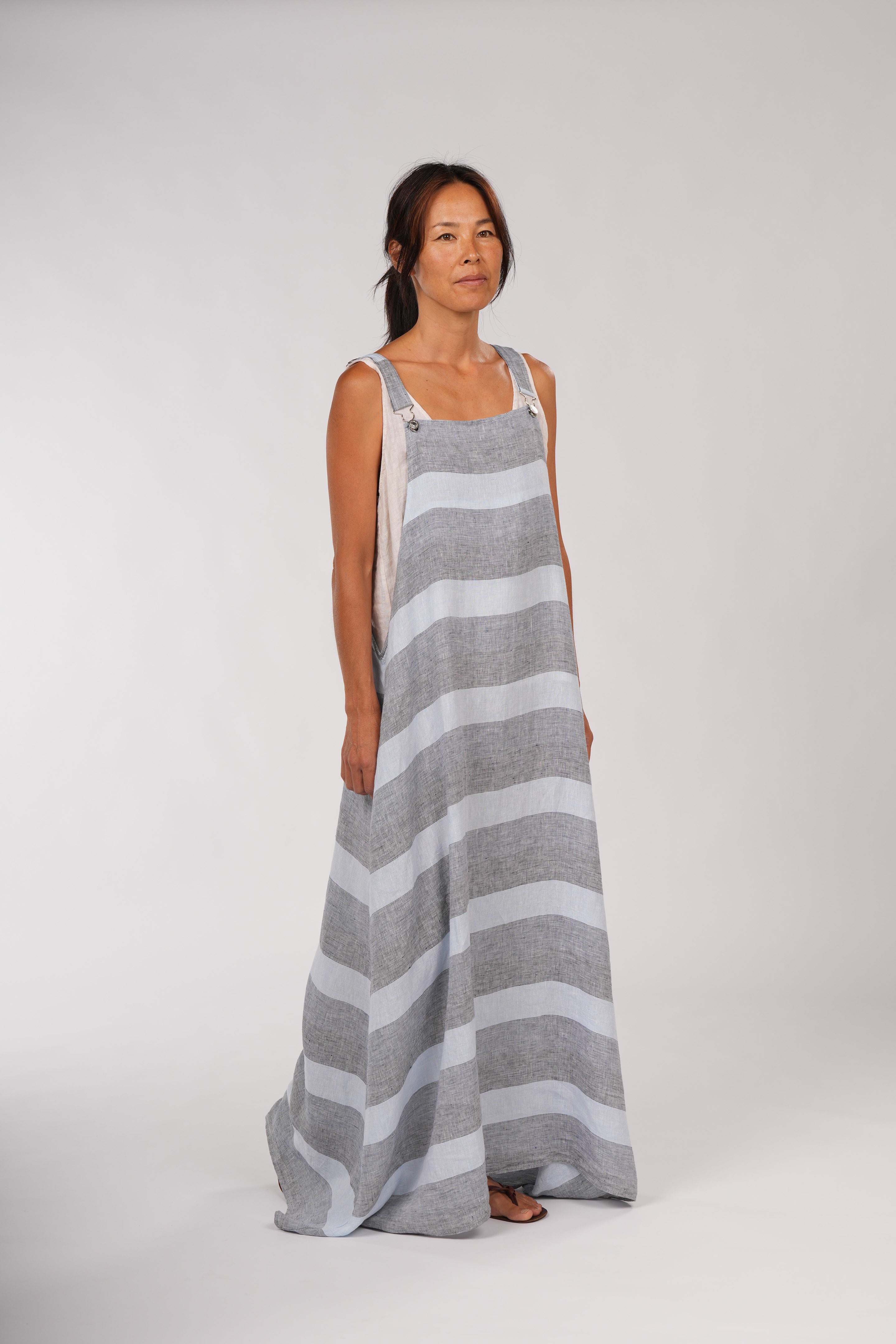 Overall-Style Maxi Linen Dress in Blue Stripe