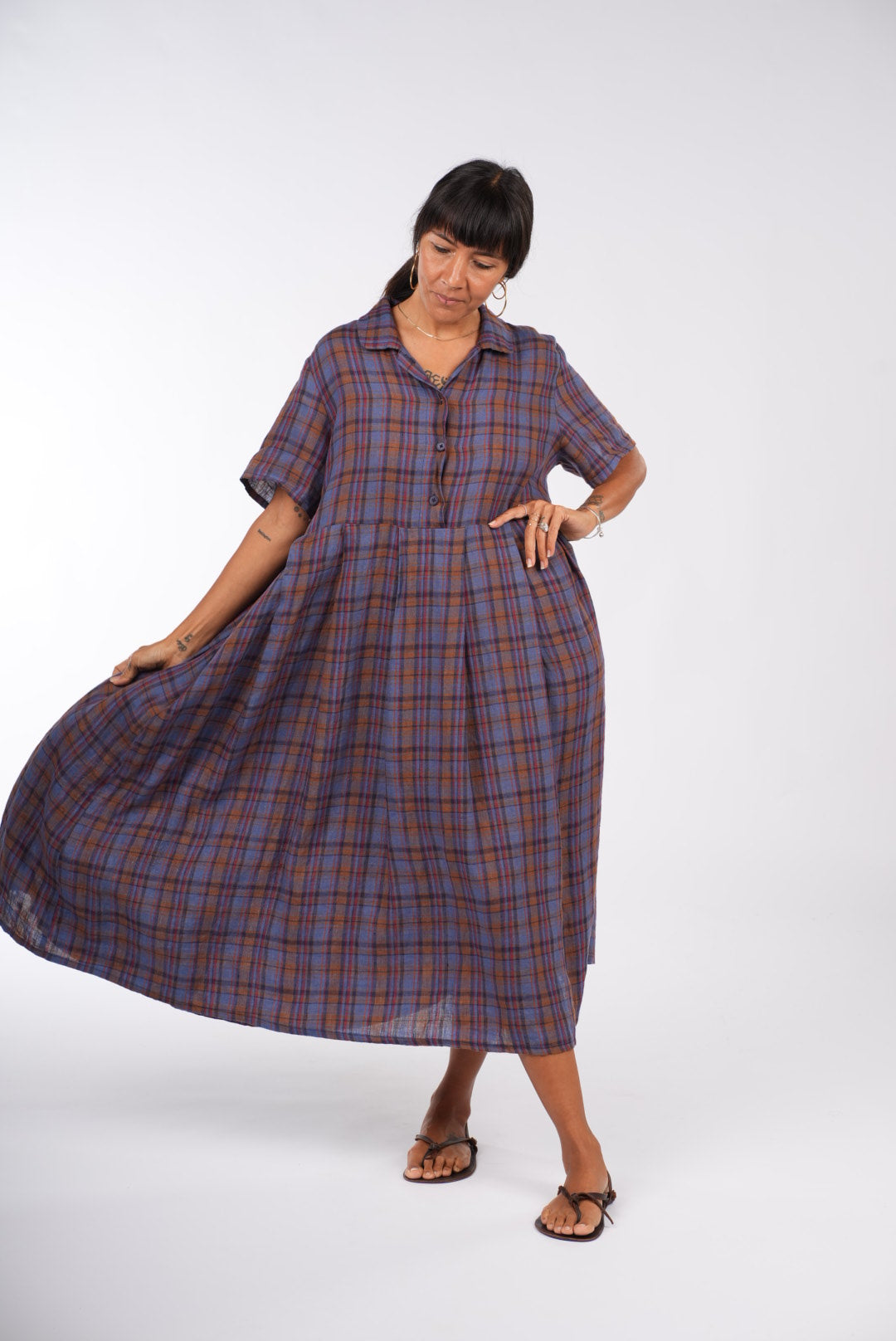 Vianne French Linen Dress in Plaid