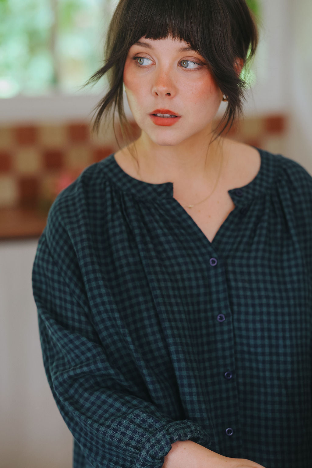Carmen Button Through Long Sleeve Top in Tiny Blue Check