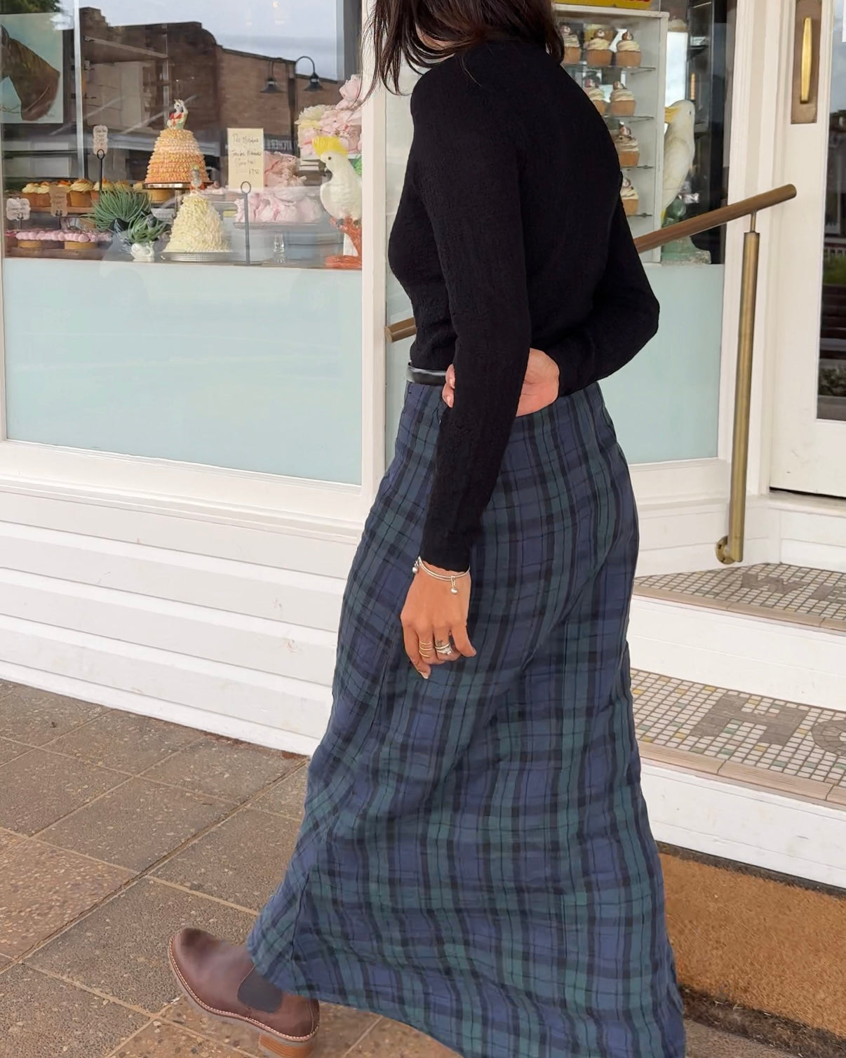 Francie French Linen Maxi Skirt in Blue Tartan