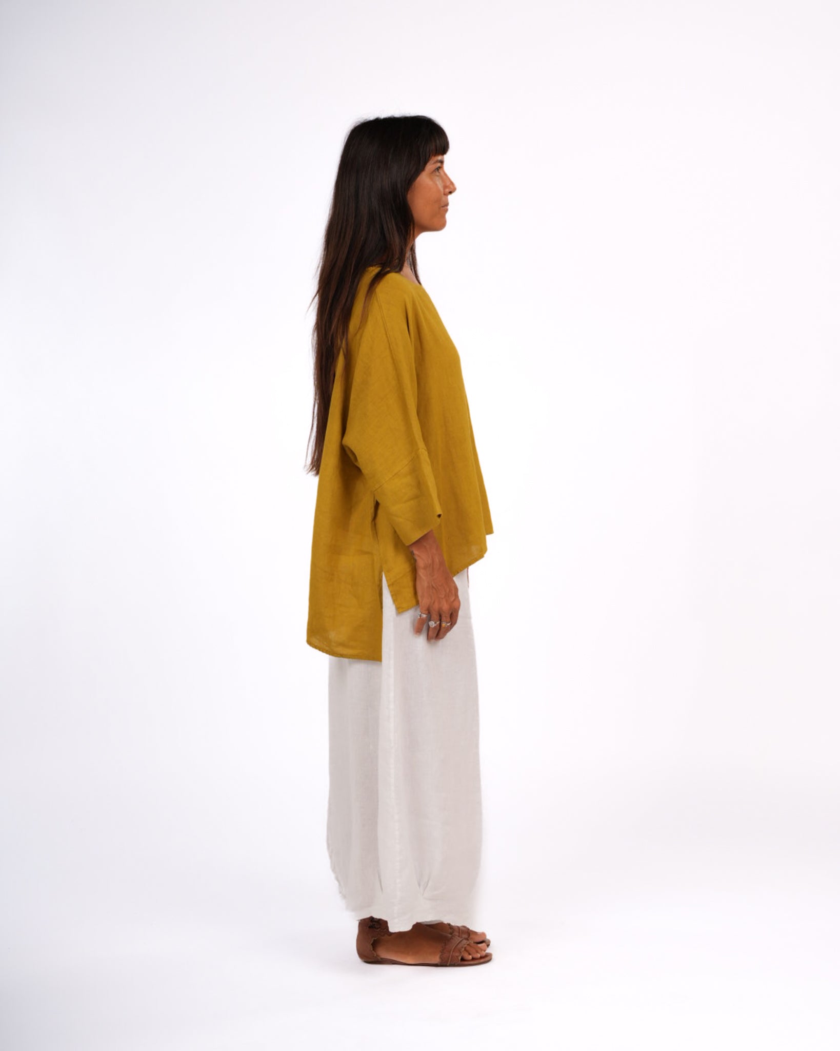 Montaigne Artiste Hi Lo Linen Top Mustard