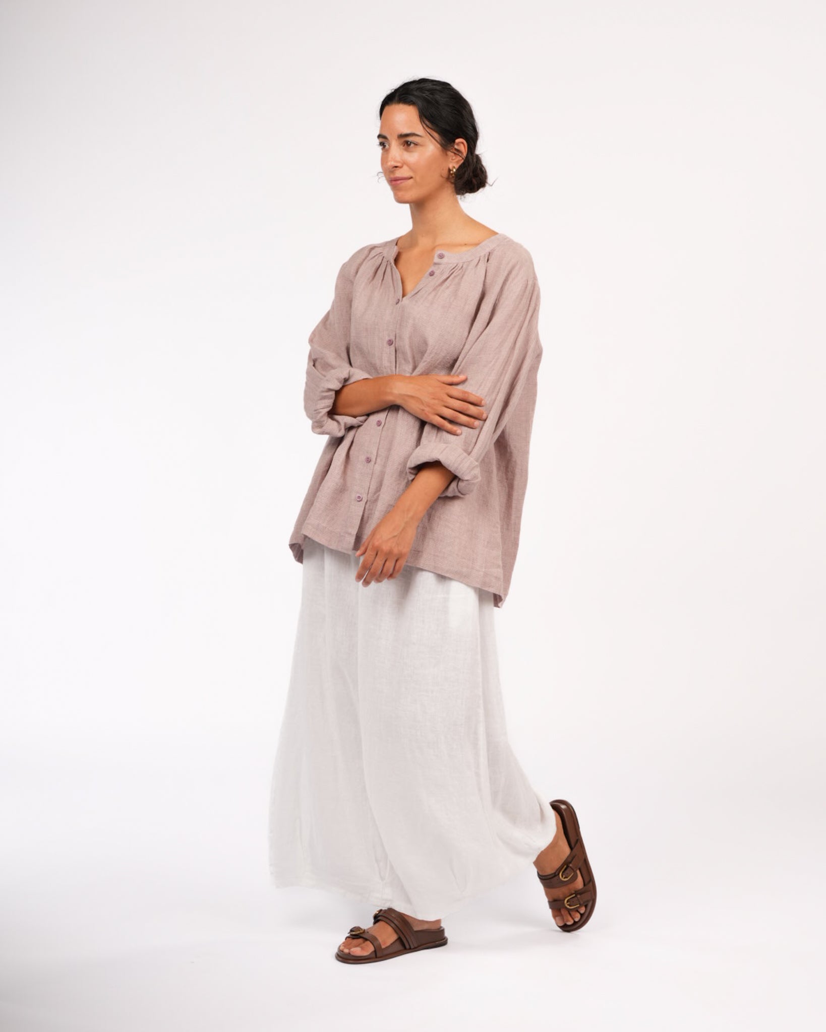 Carmen Linen Top in Fine Houndstooth Linen