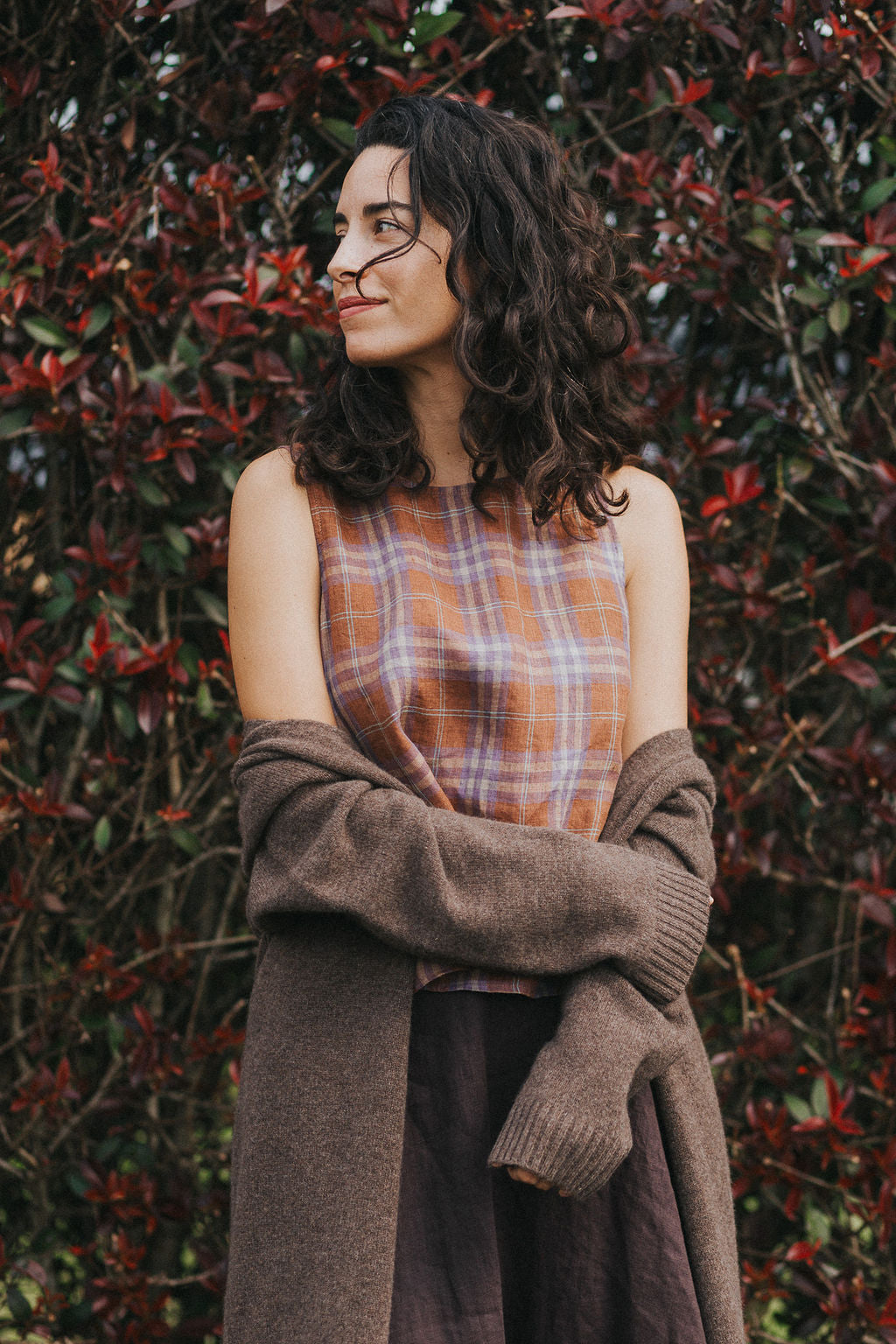 Ava French Linen Cami Top in Brown Plaid