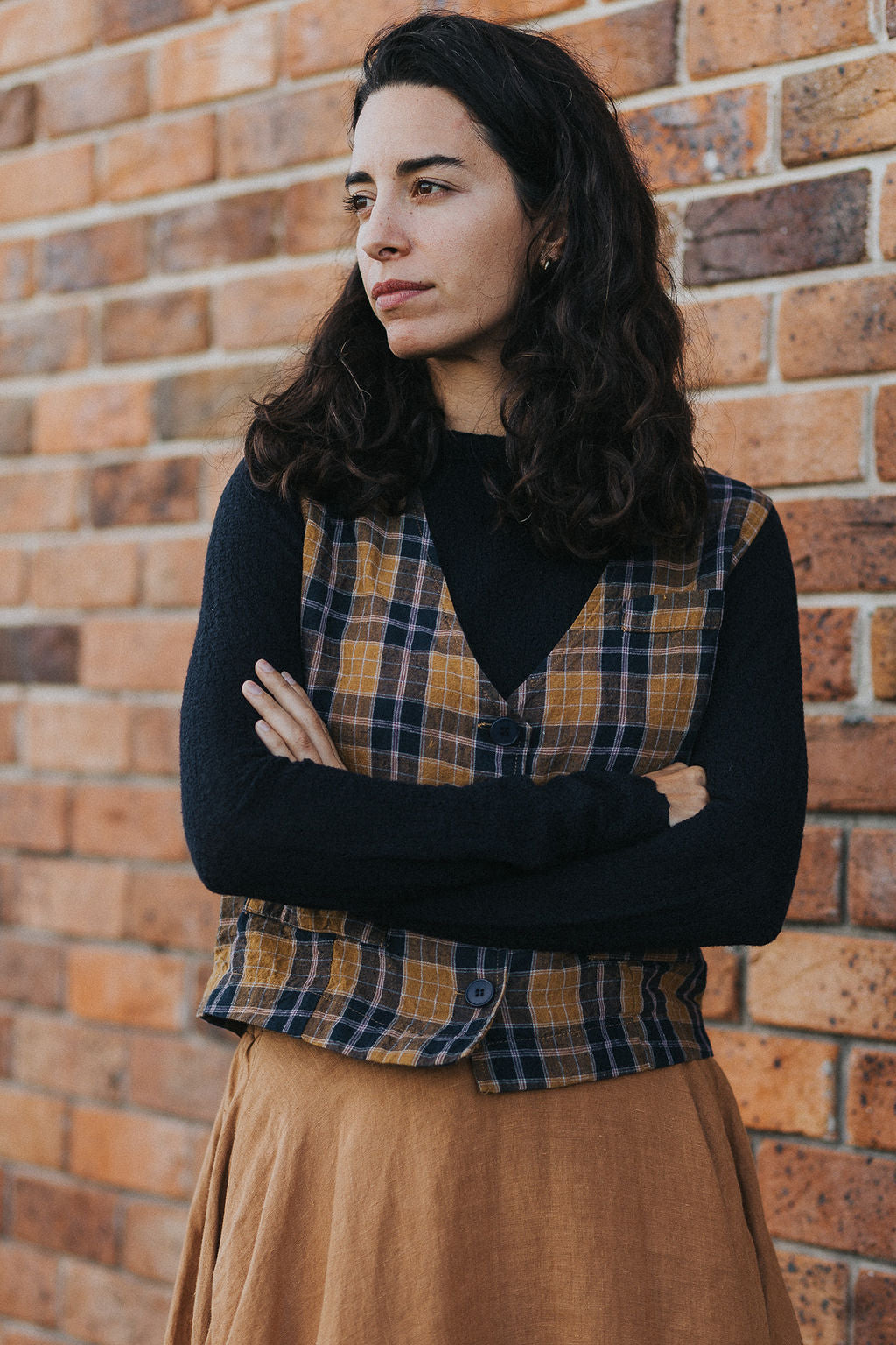 Chloe French Linen Vest / Waist Coat in Blue Tweed Check