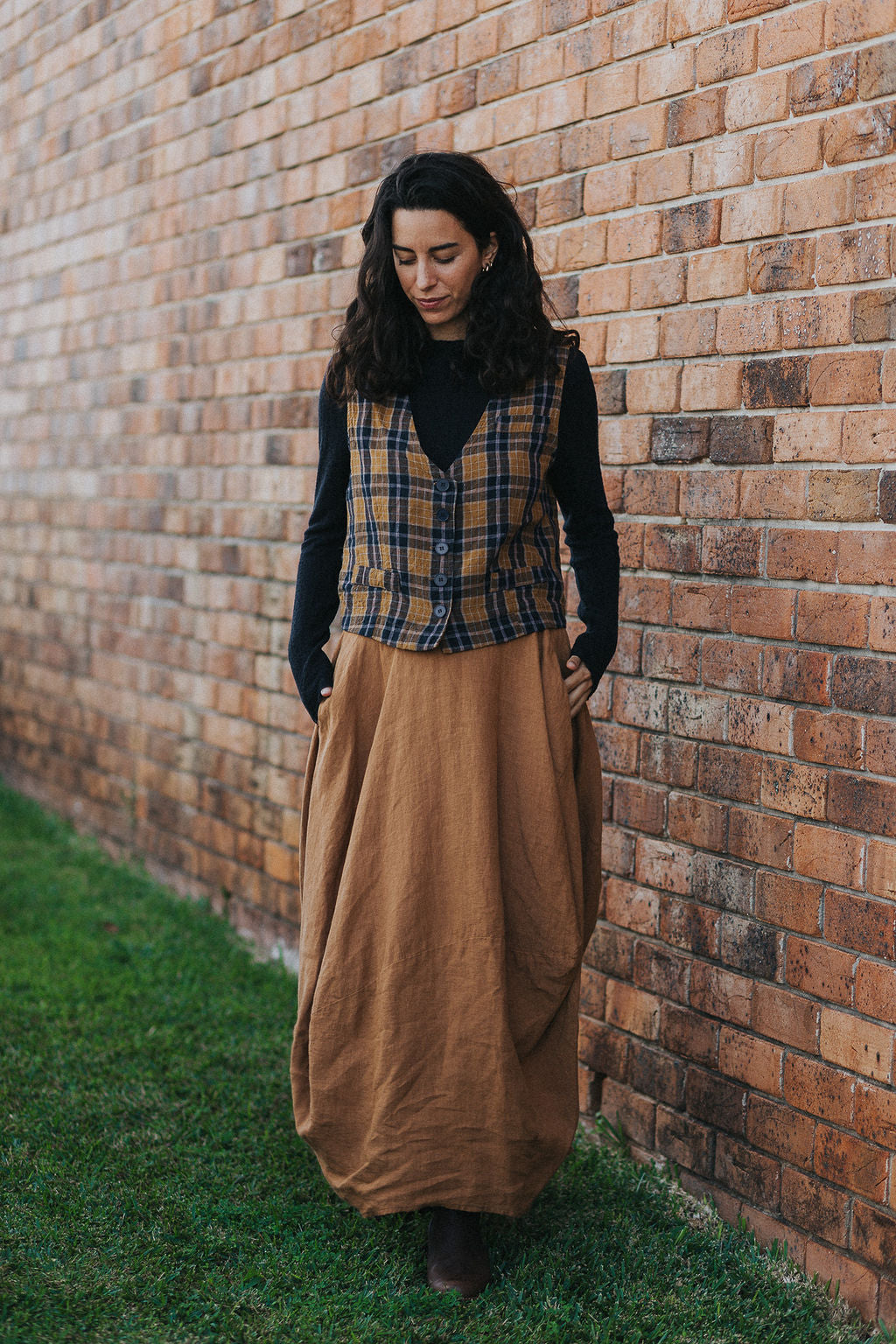 Chloe French Linen Vest / Waist Coat in Blue Tweed Check
