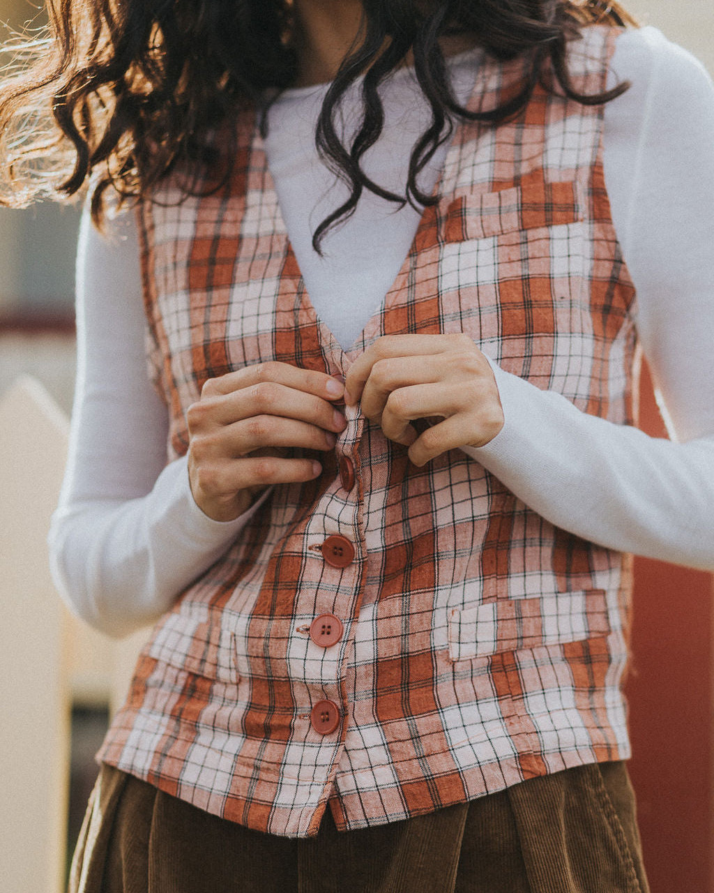Chloe French Linen Vest / Waist Coat in Clay Check