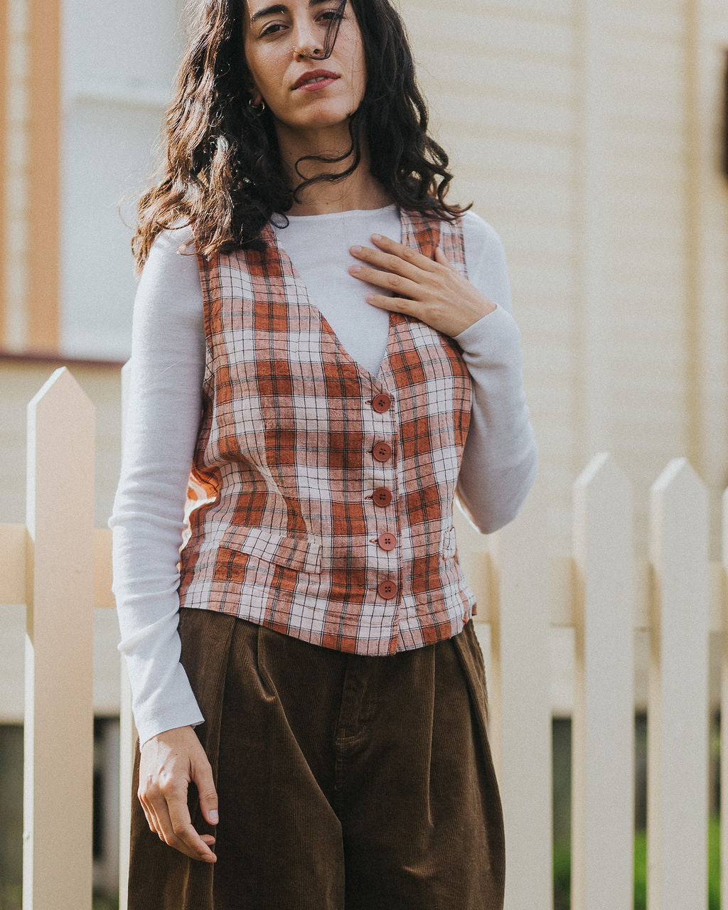 Chloe French Linen Vest / Waist Coat in Clay Check