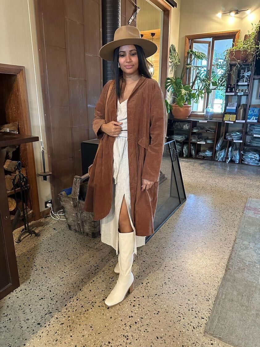 Frederic x Montaigne Pissarro Longline Velvet Coat Tobacco