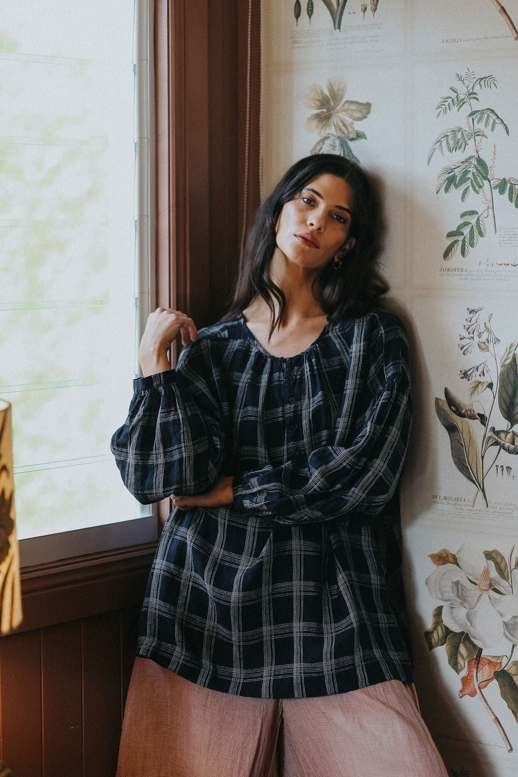 Montaigne Dante Navy Check Linen Top