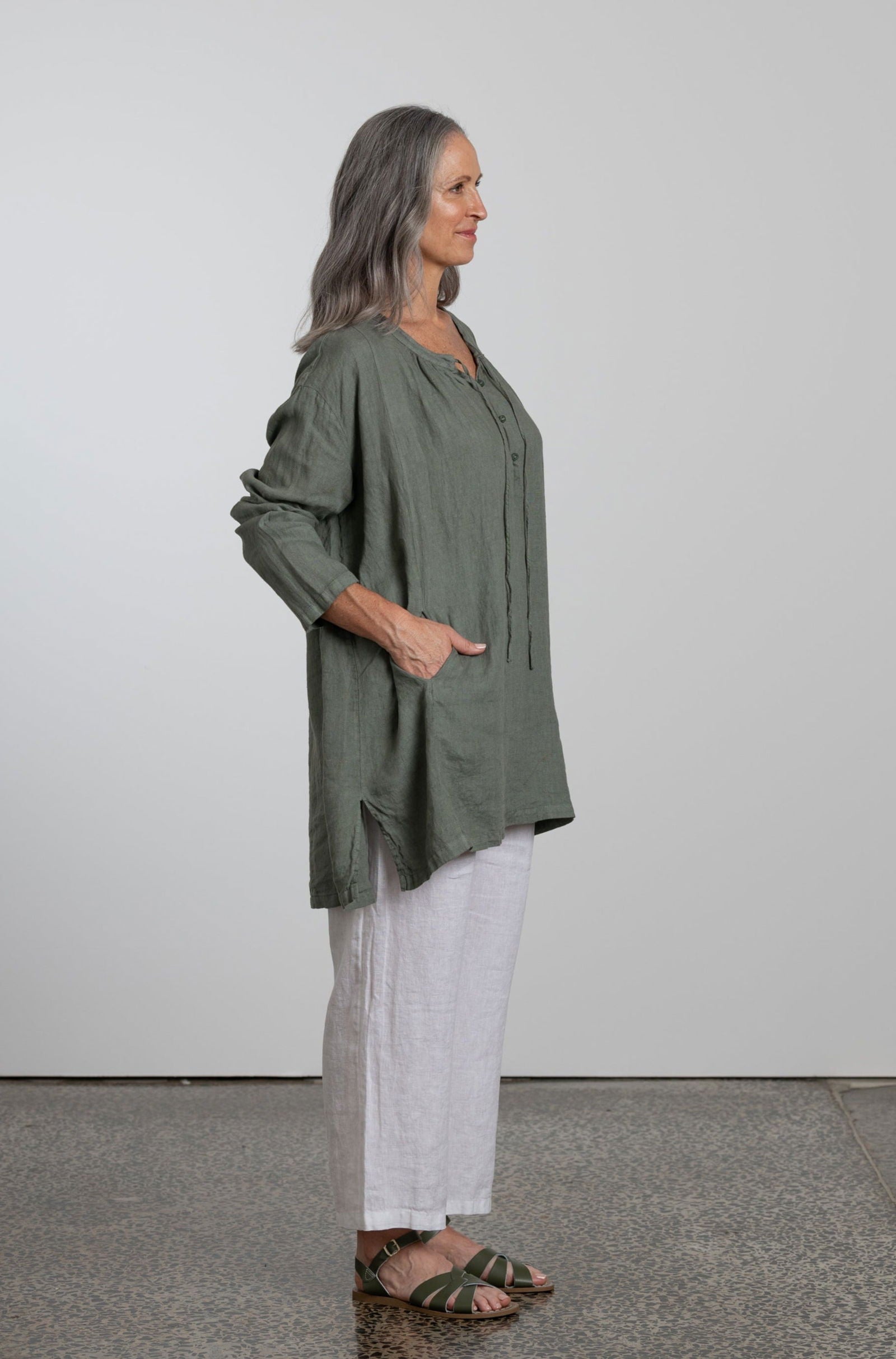 Montaigne Adele Linen Smock with Front Tie Khaki1