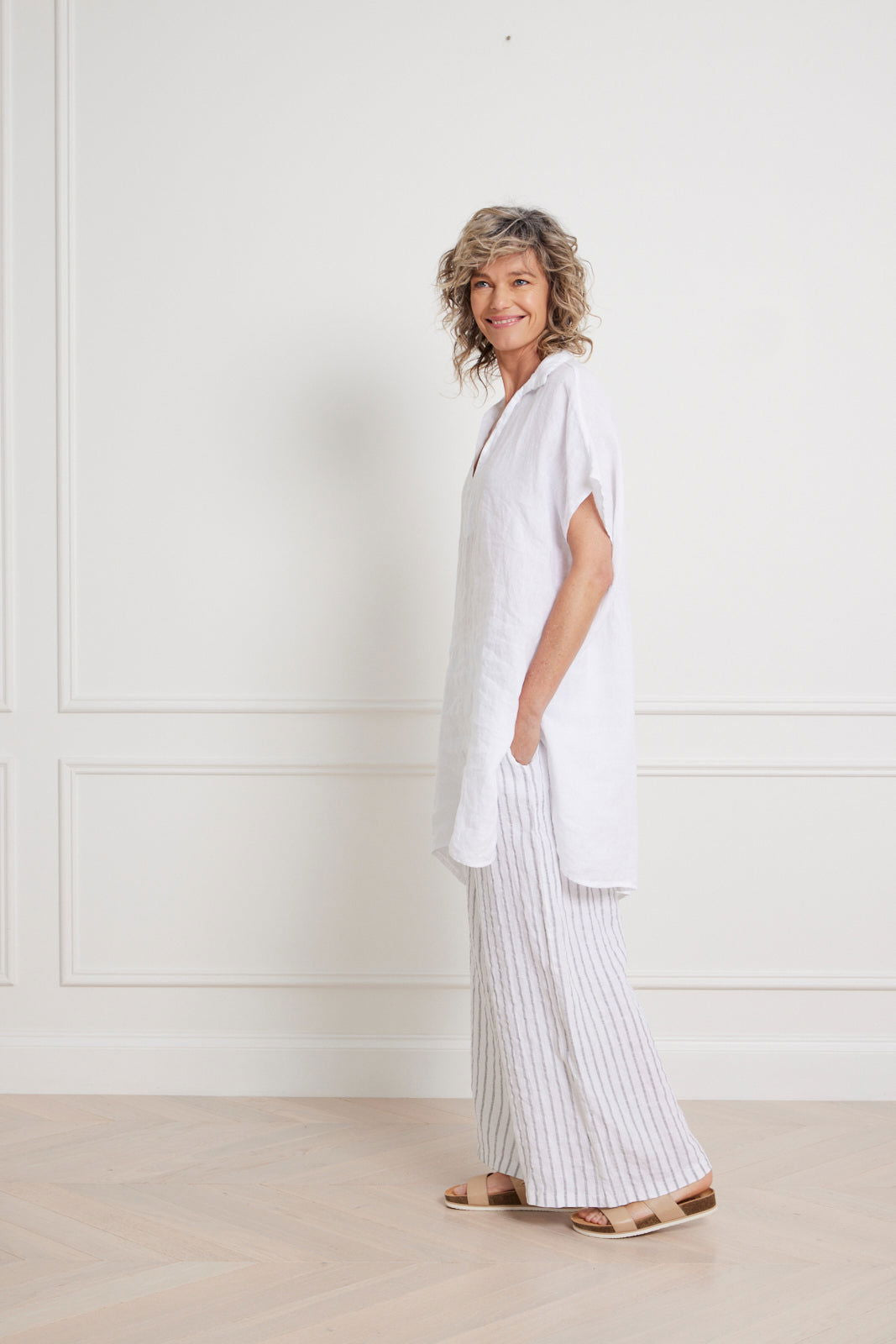 Montaigne Adrienne Linen Collared Shirt White1