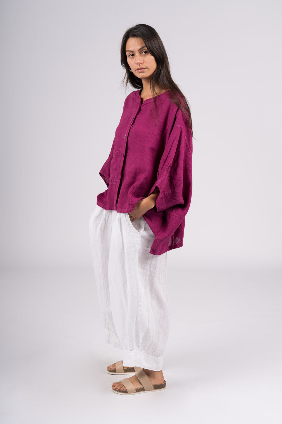 Montaigne Agathe Short Sleeve Linen Top Orchid