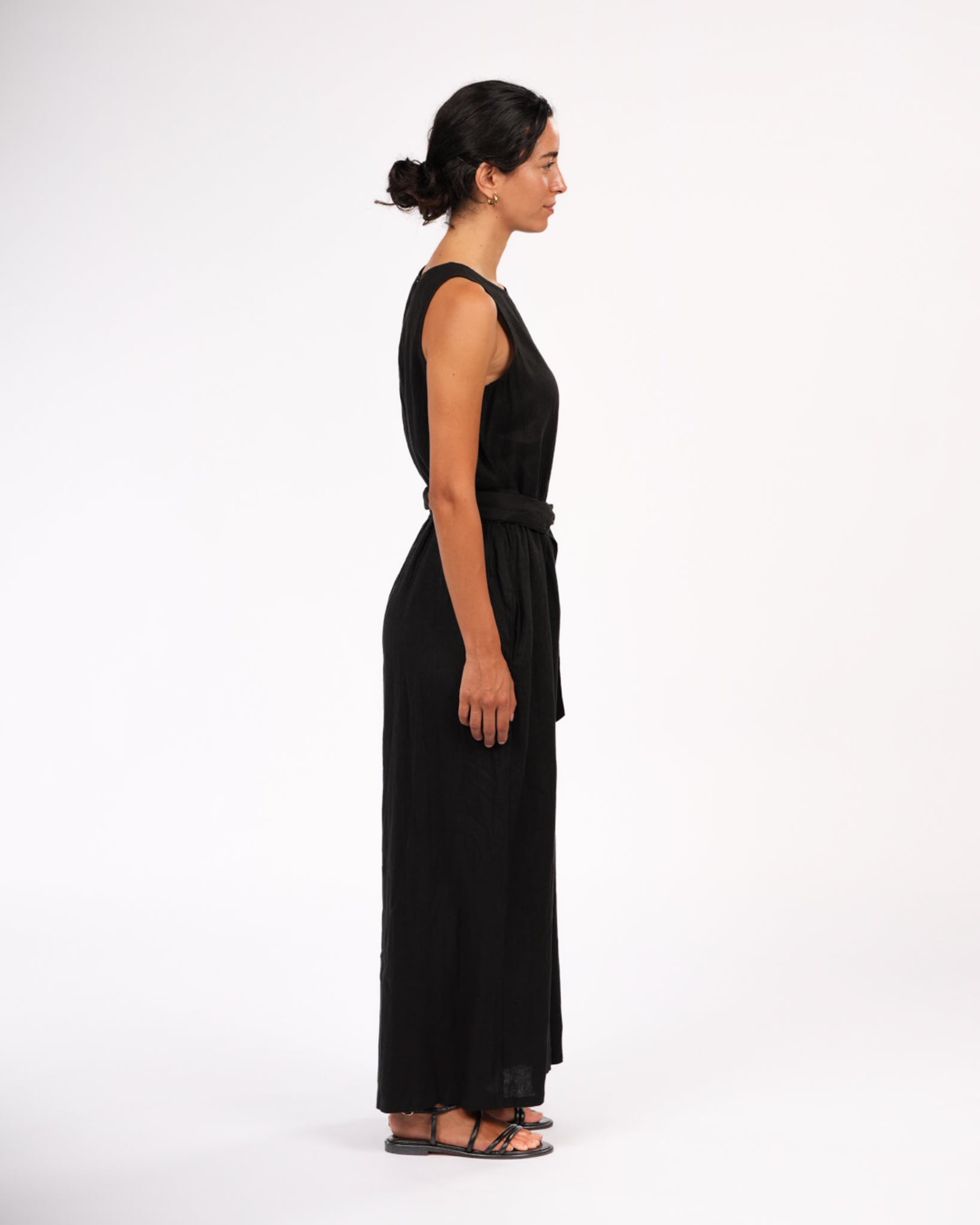 Montaigne Alba French Linen Tie-Waist Jumpsuit Black2
