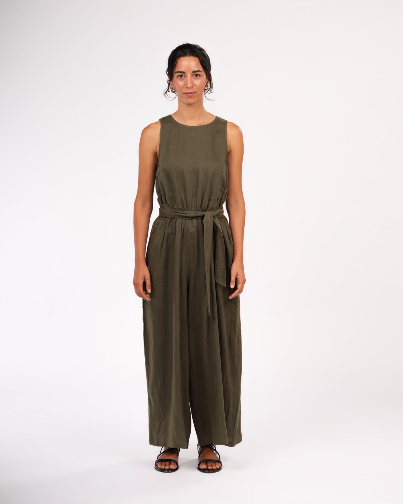 Montaigne Alba French Linen Tie-Waist Jumpsuit Khaki5
