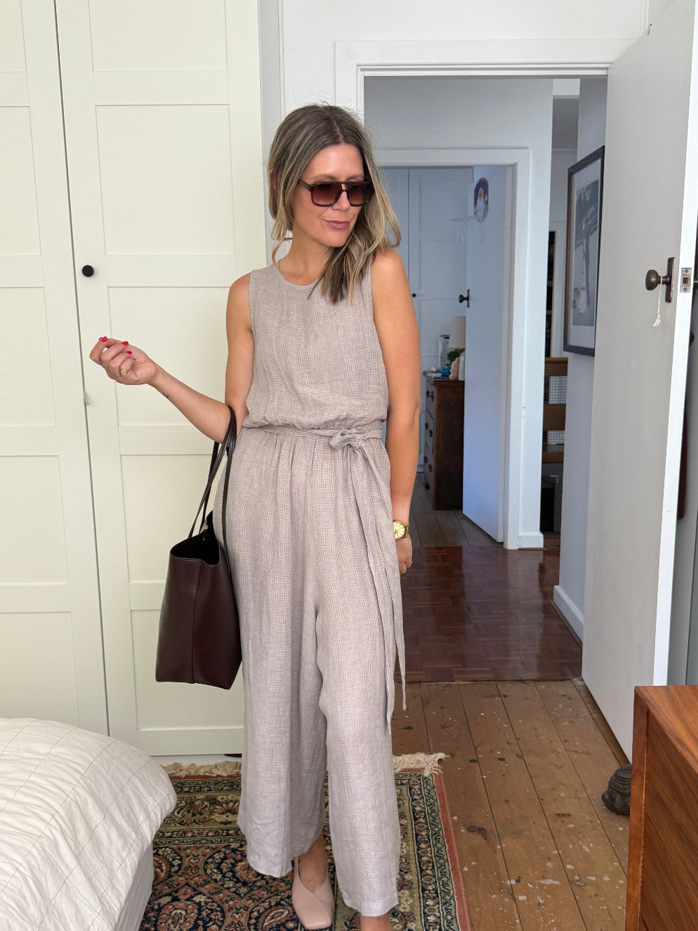 Montaigne Alba French Linen Tie-Waist Jumpsuit