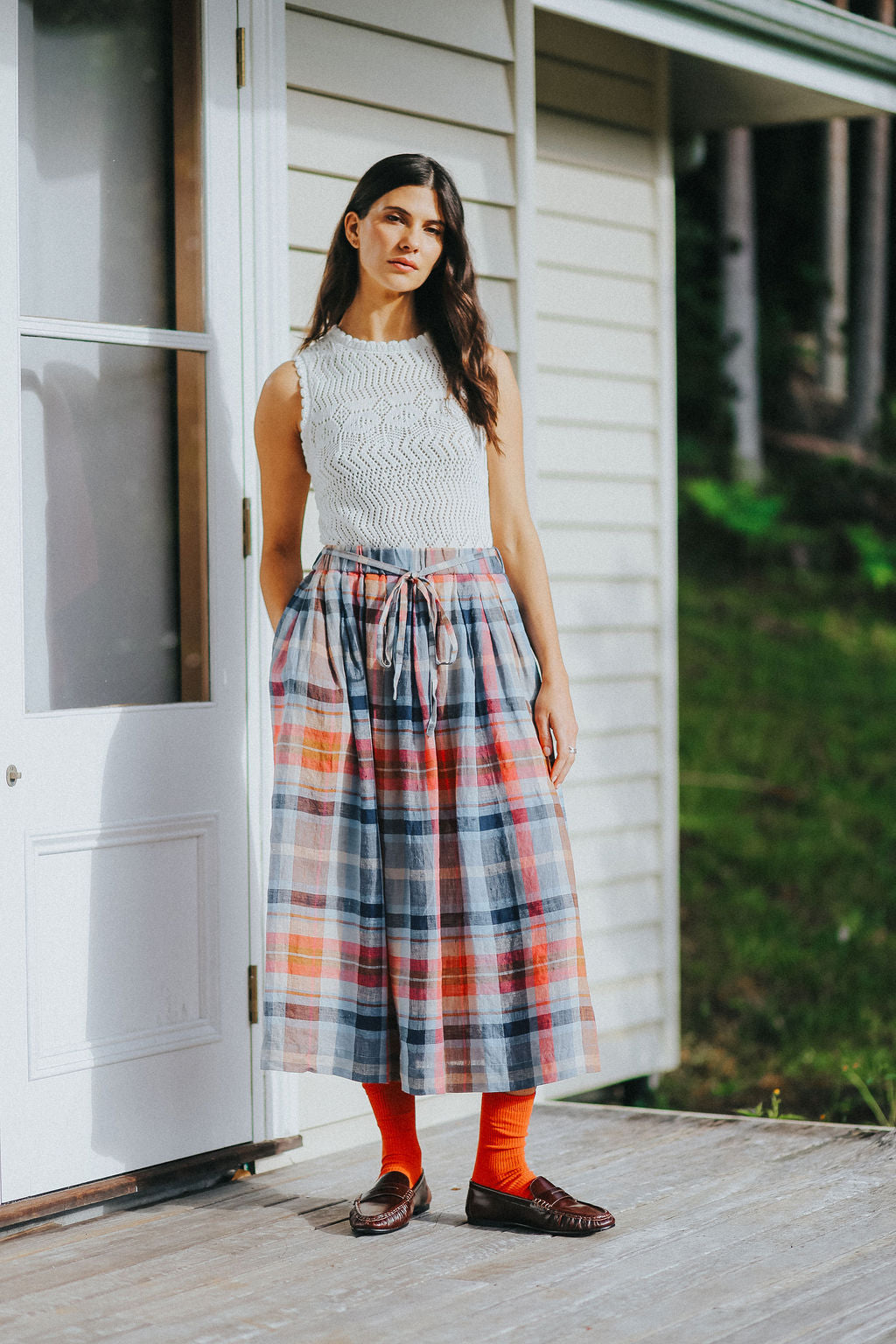 Montaigne Amélie Multi Check Linen Skirt with Belt