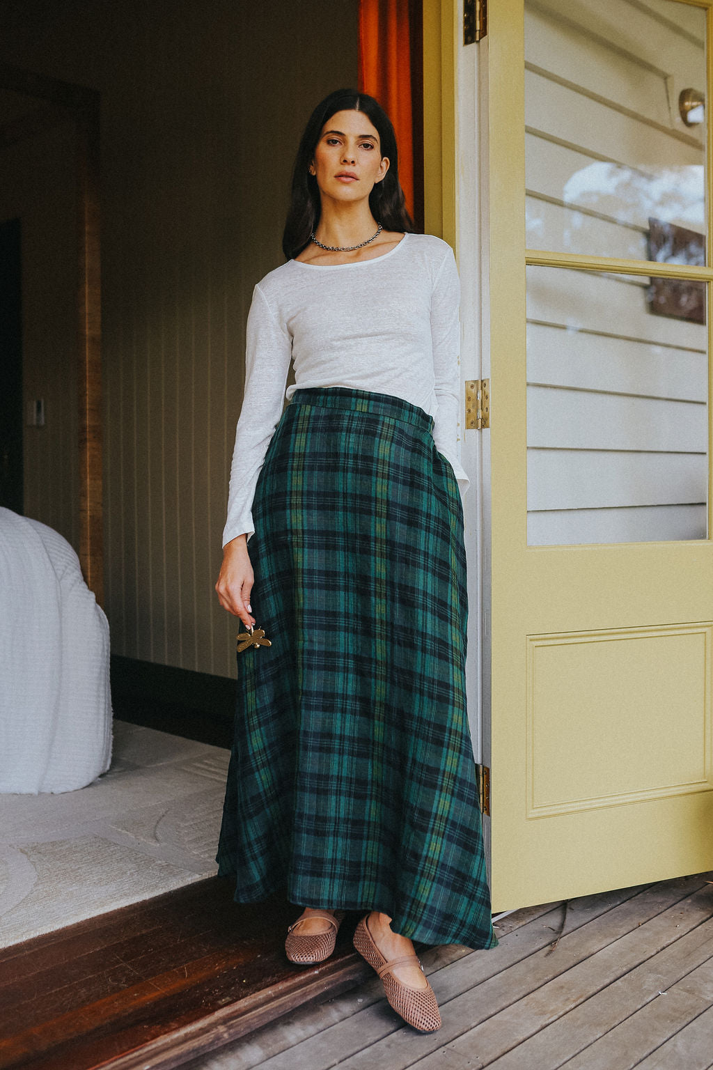 Montaigne Anya Linen Maxi Skirt Green & Black Plaid1