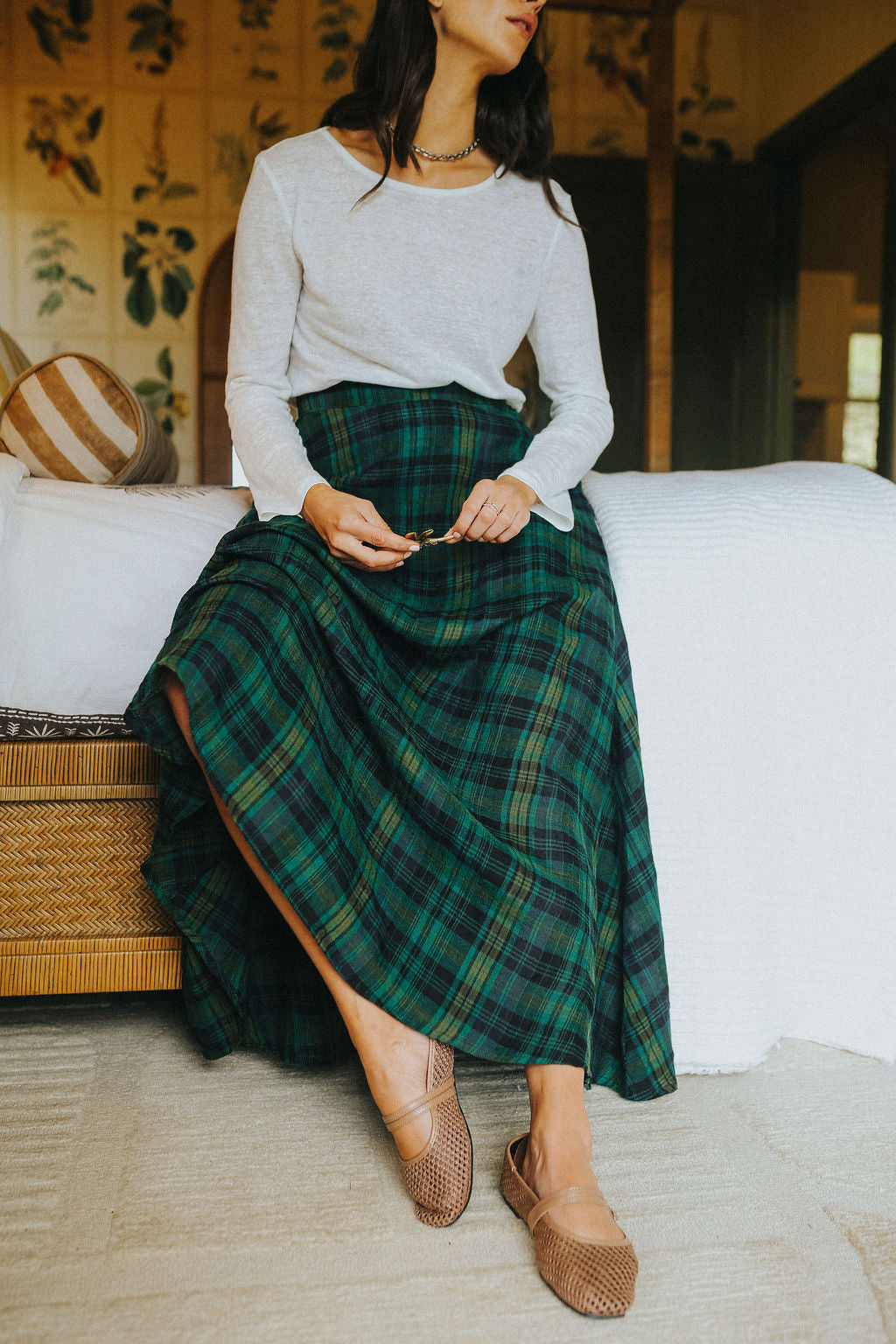 Montaigne Anya Linen Maxi Skirt Green & Black Plaid2