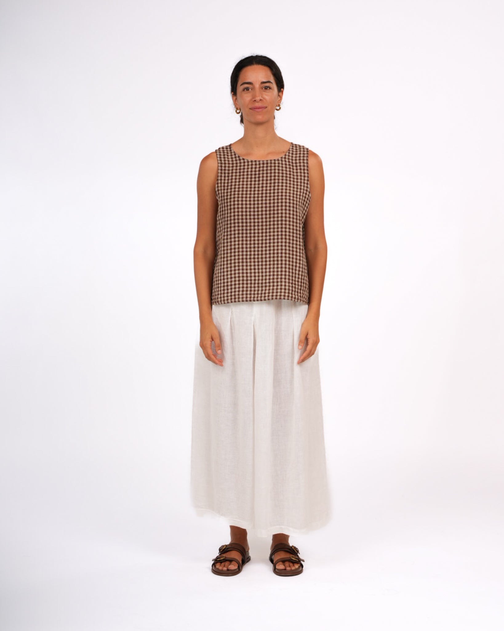 Montaigne Ava Linen Cami in Gingham Brown1