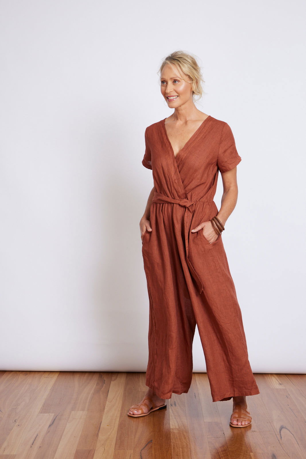Montaigne Beatrice Linen Jumpsuit with Tie Rust2
