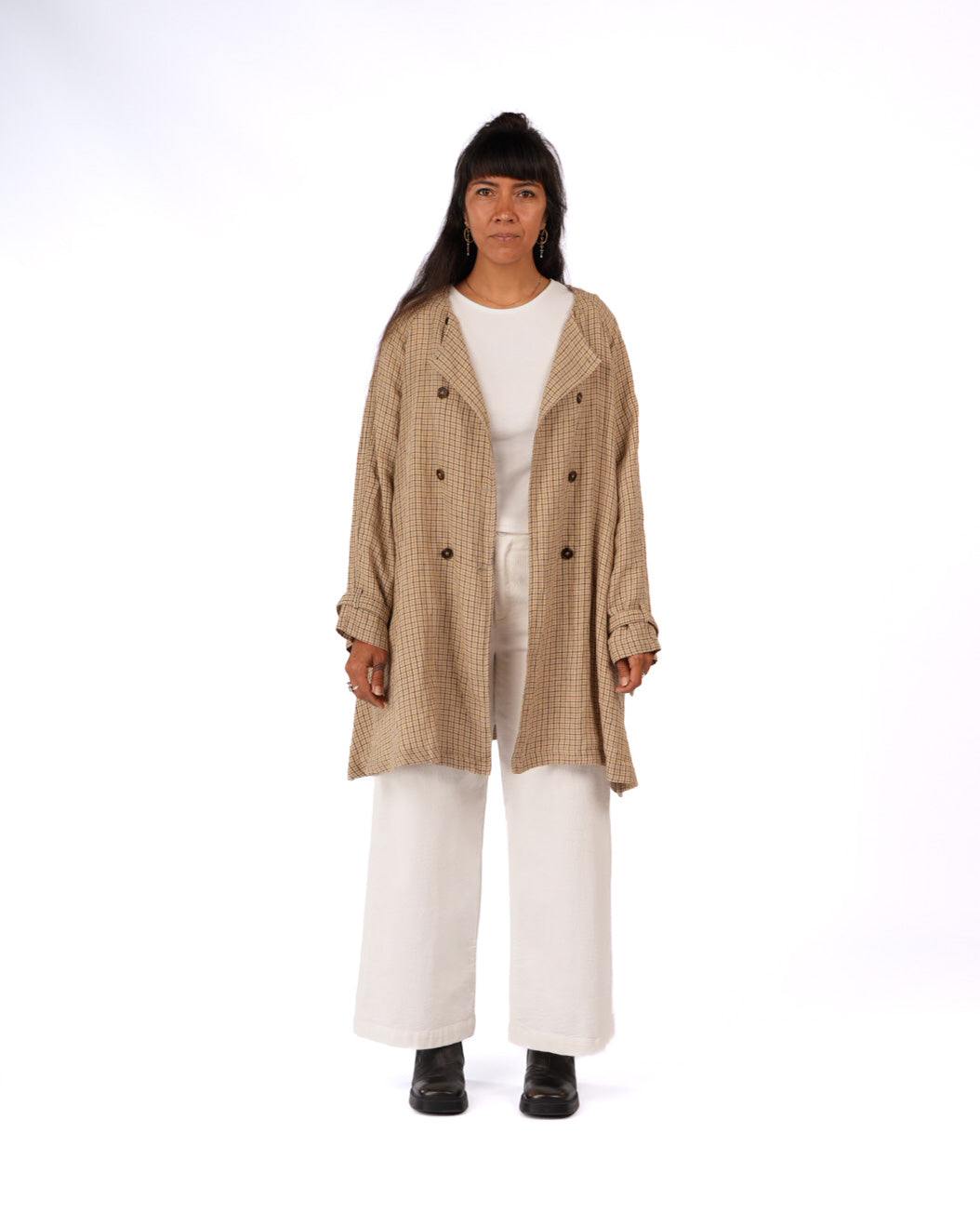 Montaigne Berg French Linen Collarless Peacoat in Brown Check