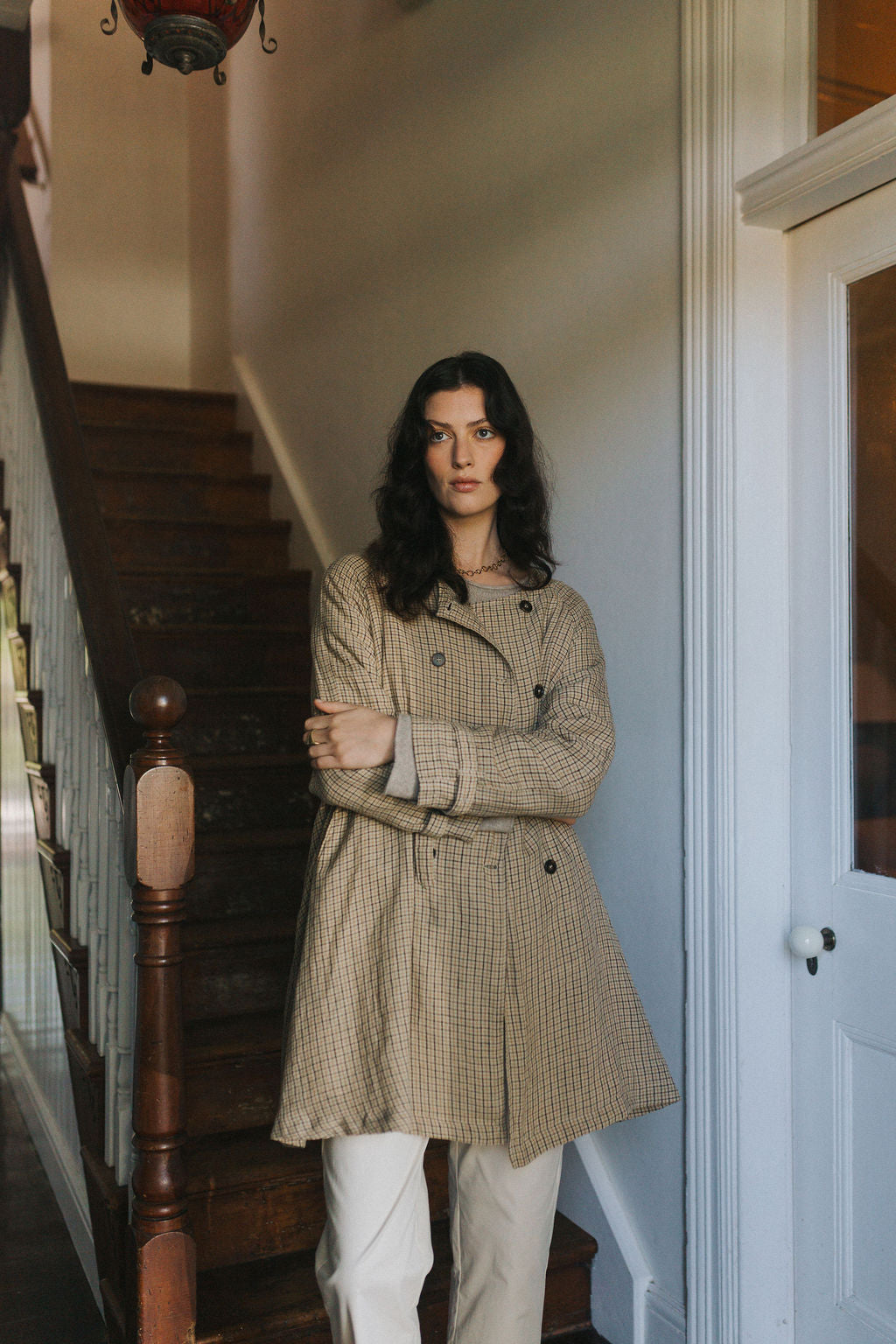 Montaigne Berg French Linen Collarless Peacoat in Brown Check4