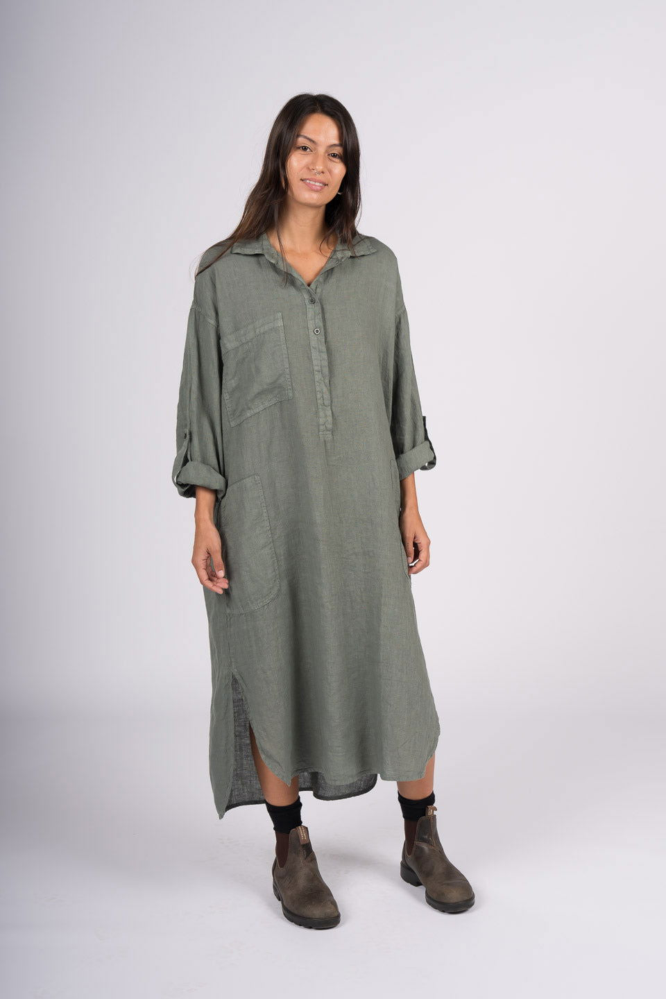 Montaigne Biarritz Oversized Linen Shirt Dress Khaki1
