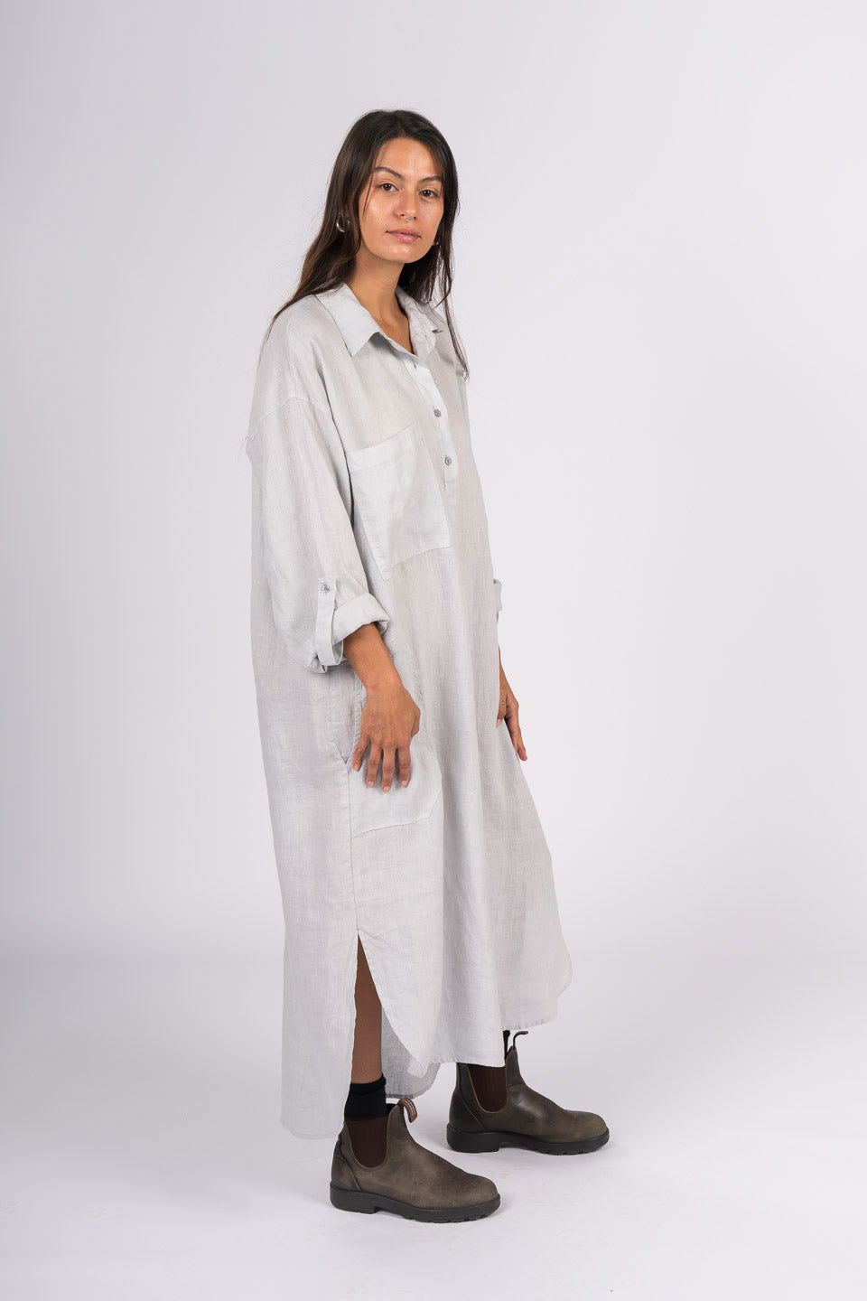 Montaigne Biarritz Oversized Linen Shirt Dress Silver