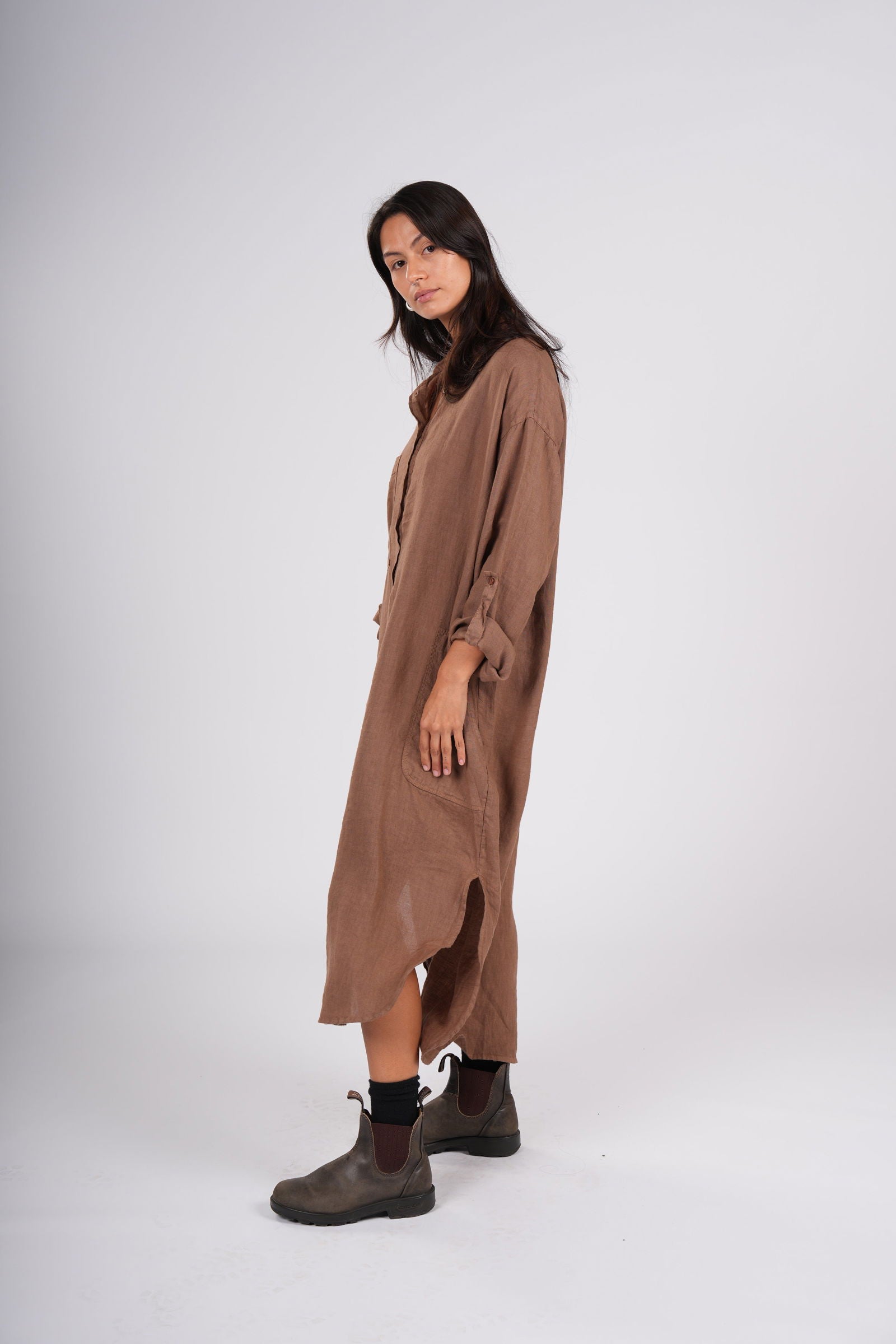 Montaigne Biarritz Oversized Linen Shirt Dress Tobacco