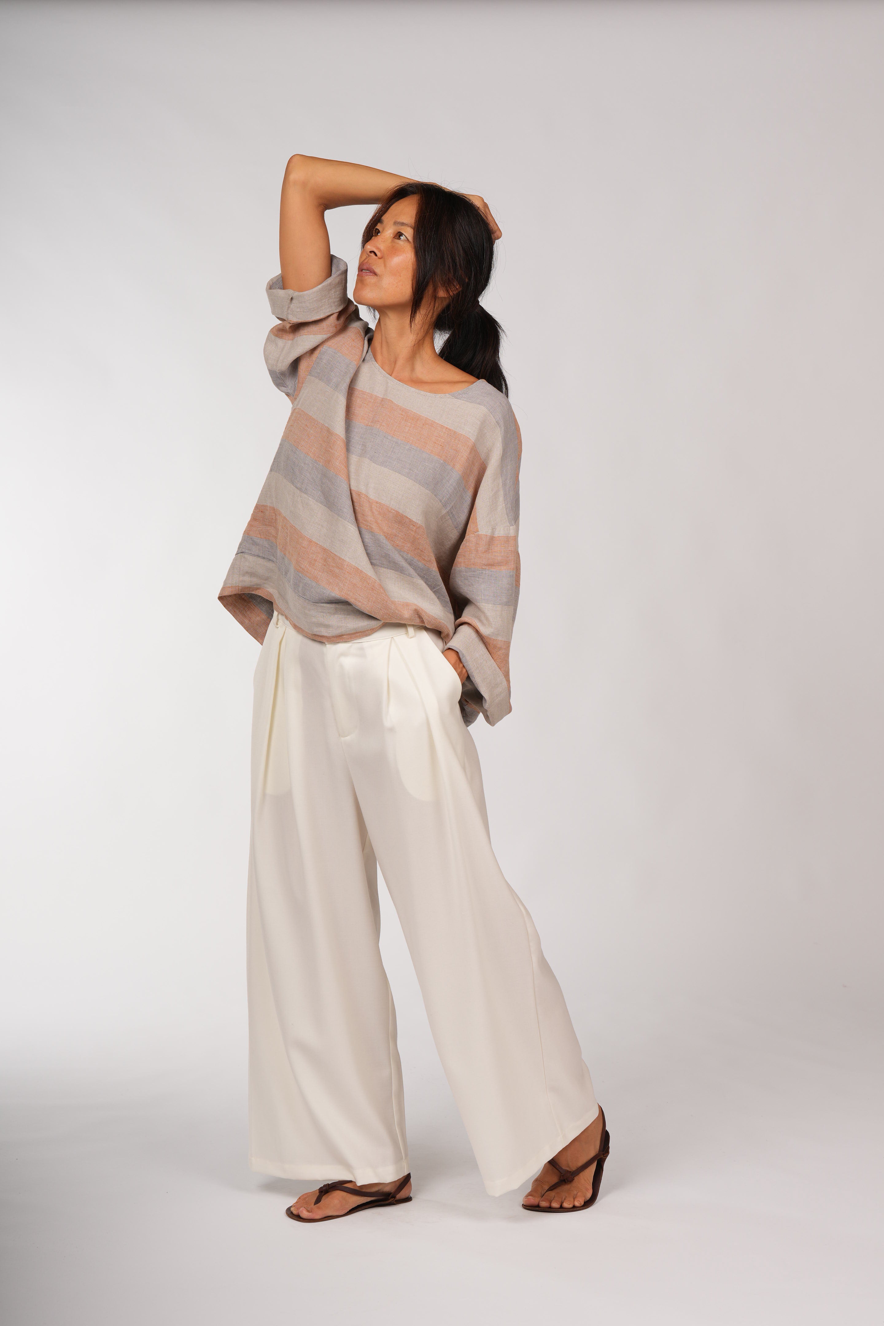 Montaigne Binoche French Stripe Linen Top Orange2