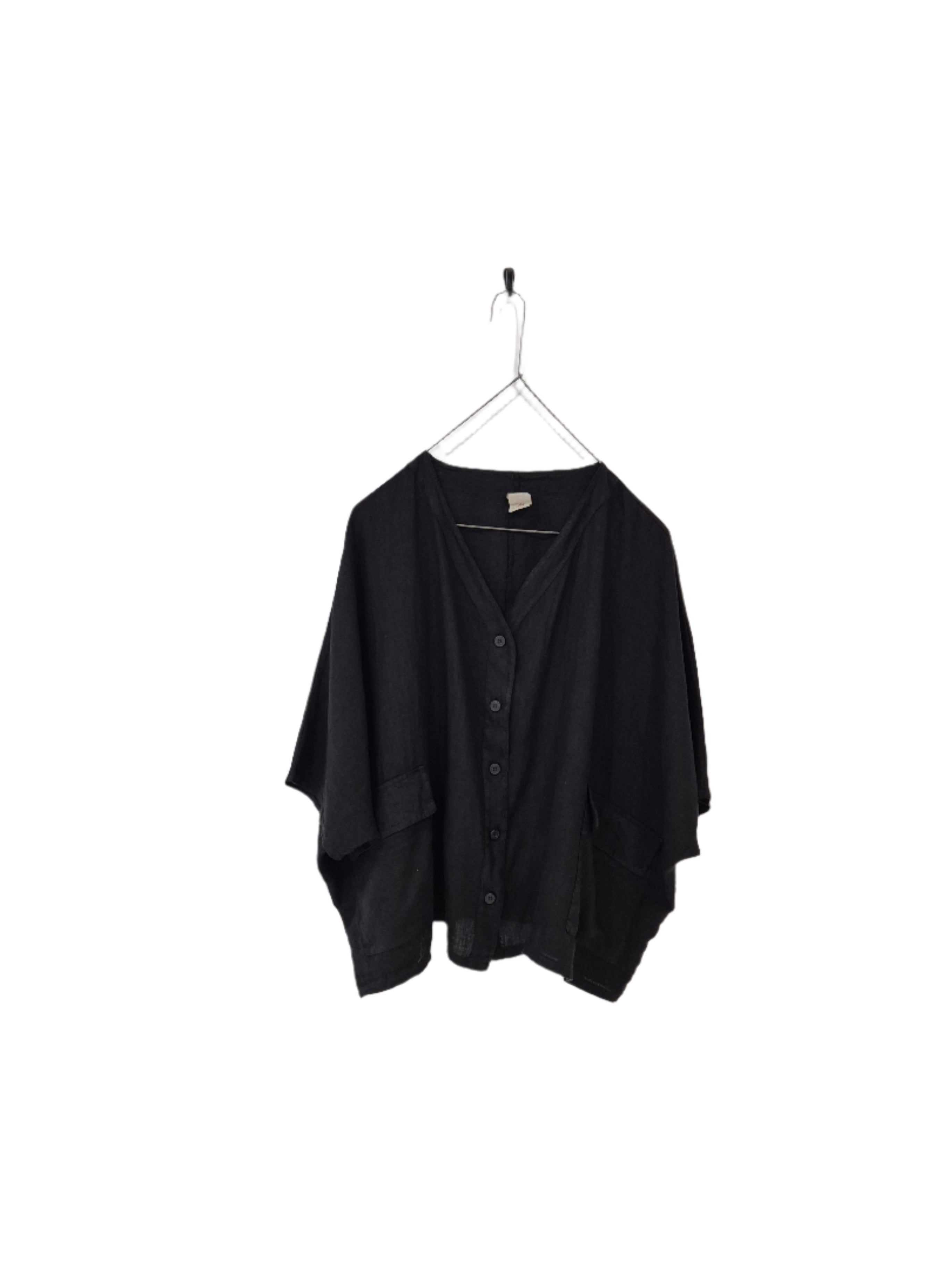 Montaigne Brigitte Button Through Linen Top with Front Pockets Black
