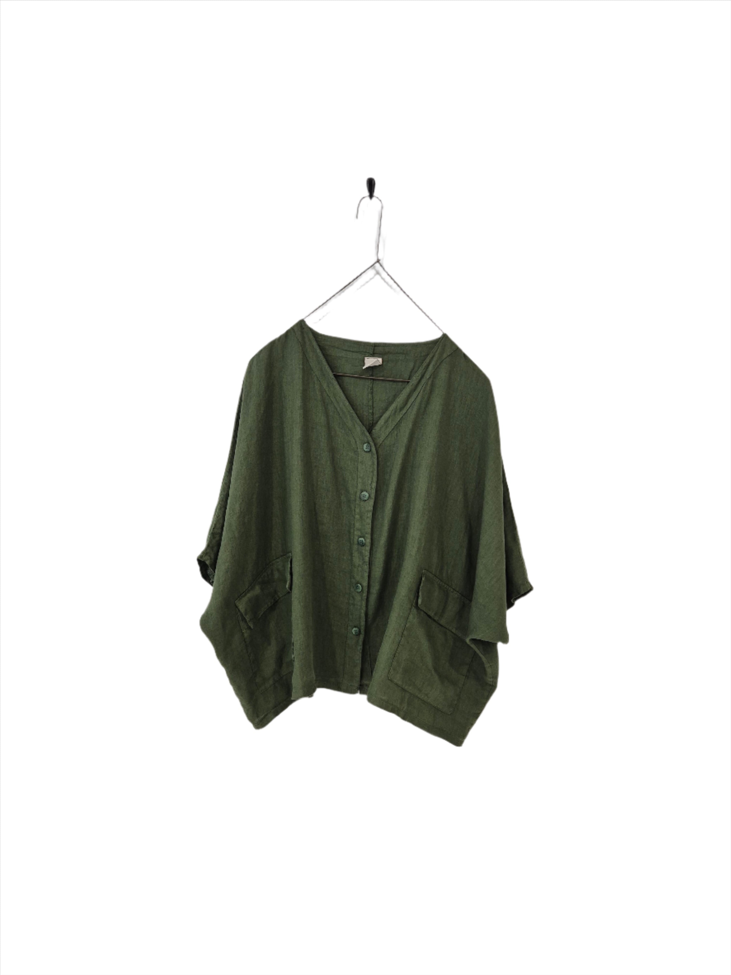 Montaigne Brigitte Button Through Linen Top with Front Pockets Forest Green