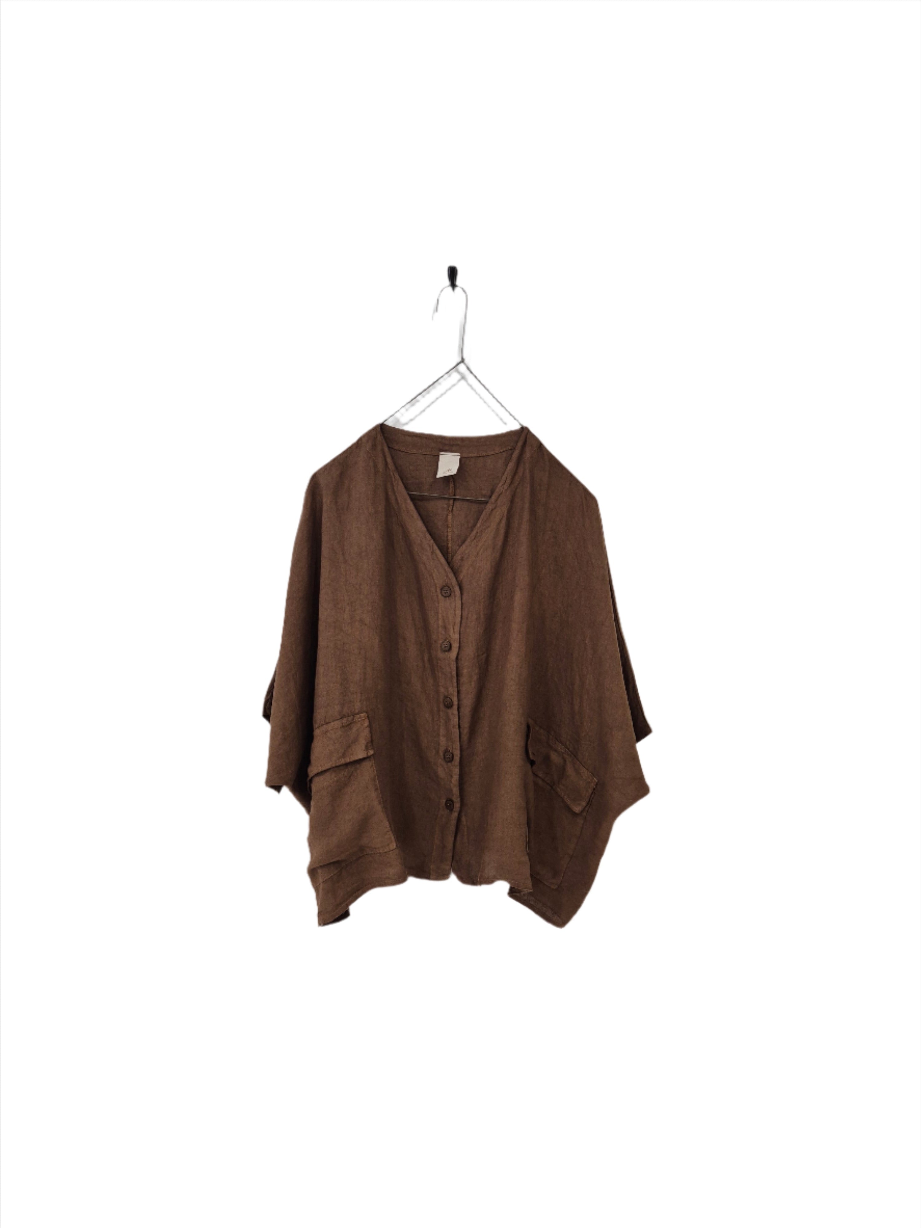 Montaigne Brigitte Button Through Linen Top with Front Pockets Tobacco