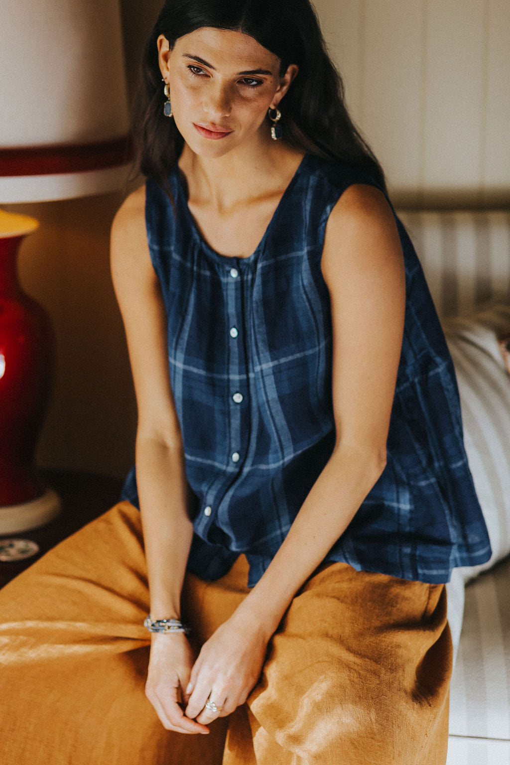 Montaigne Cara Linen Top Blue Check4