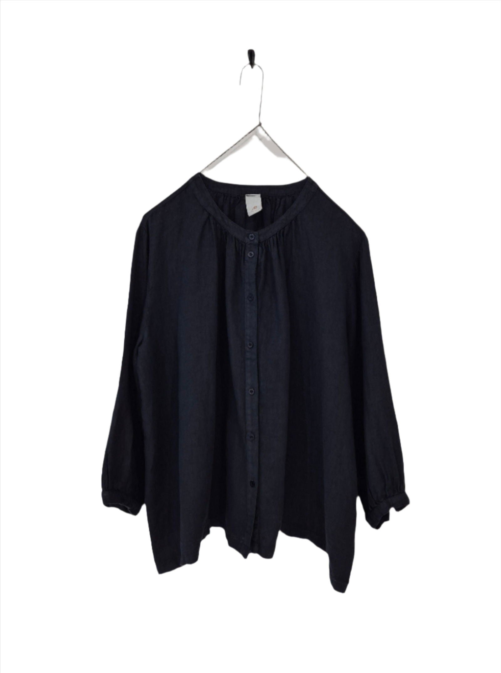Montaigne Carmen Button Through Long Sleeve Linen Top Navy