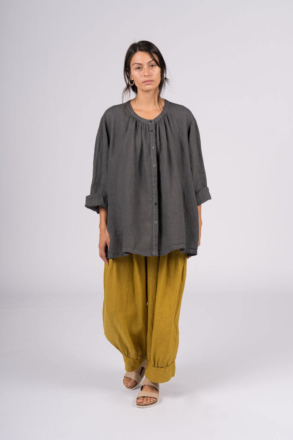 Montaigne Carmen Button Through Long Sleeve Linen Top Petrol