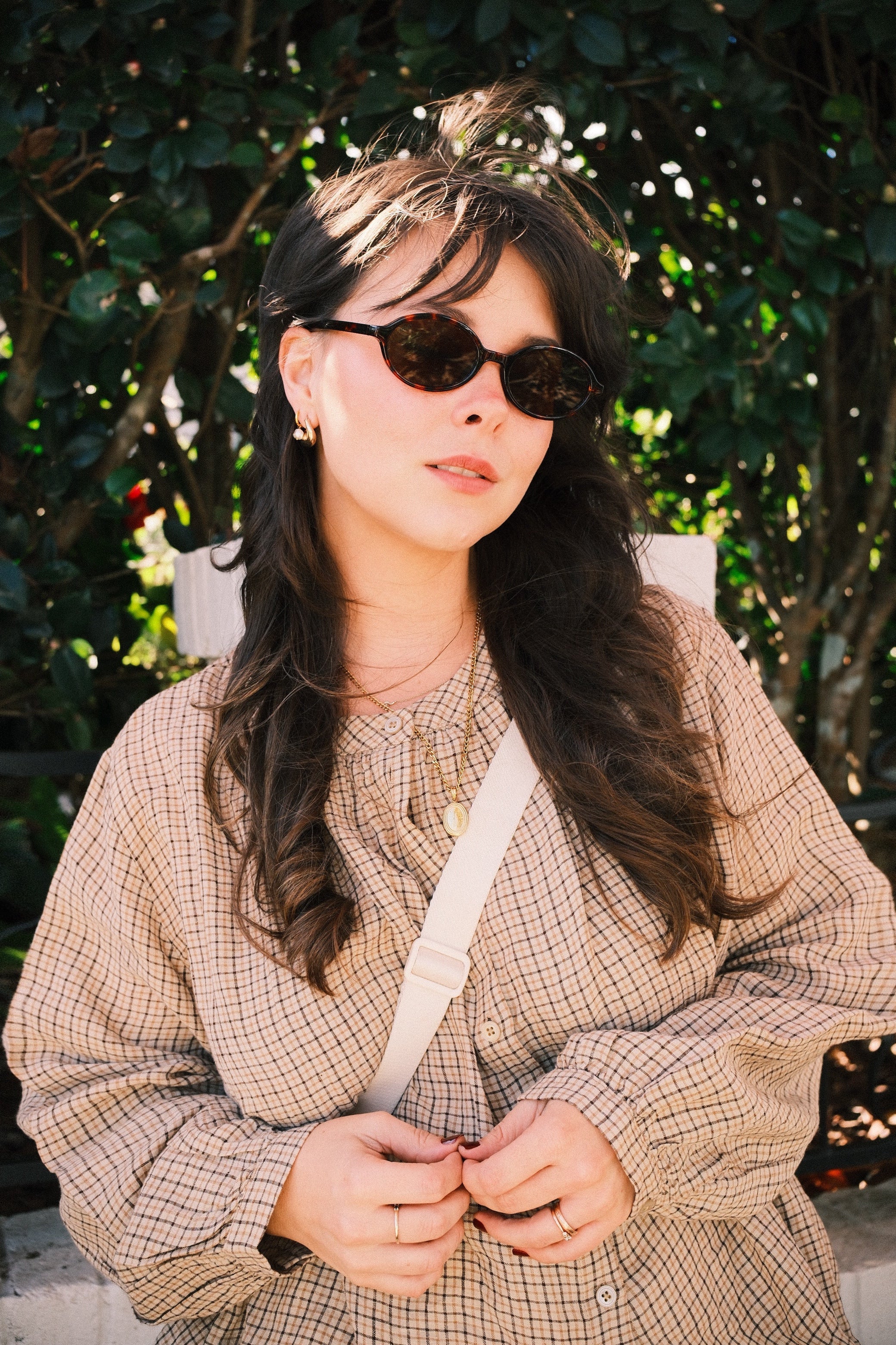 Montaigne Carmen Button Through Long Sleeve Top in Beige/Brown Check10