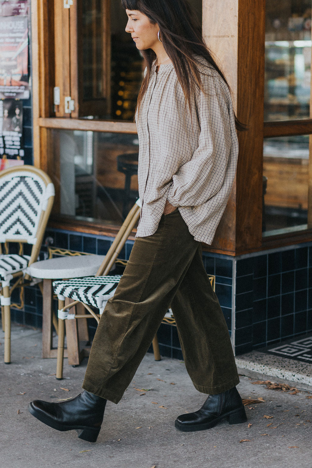 Montaigne Carmen Button Through Long Sleeve Top in Beige/Brown Check5