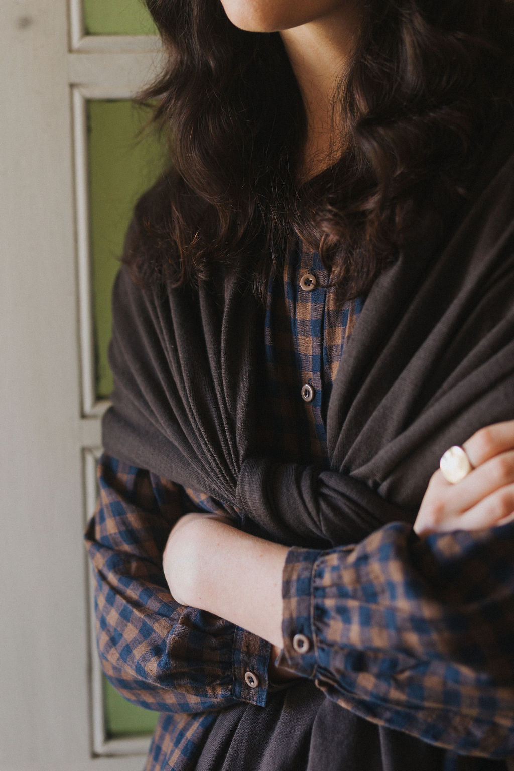 Montaigne Carmen Button Through Long Sleeve Top in Blue Brown Check1