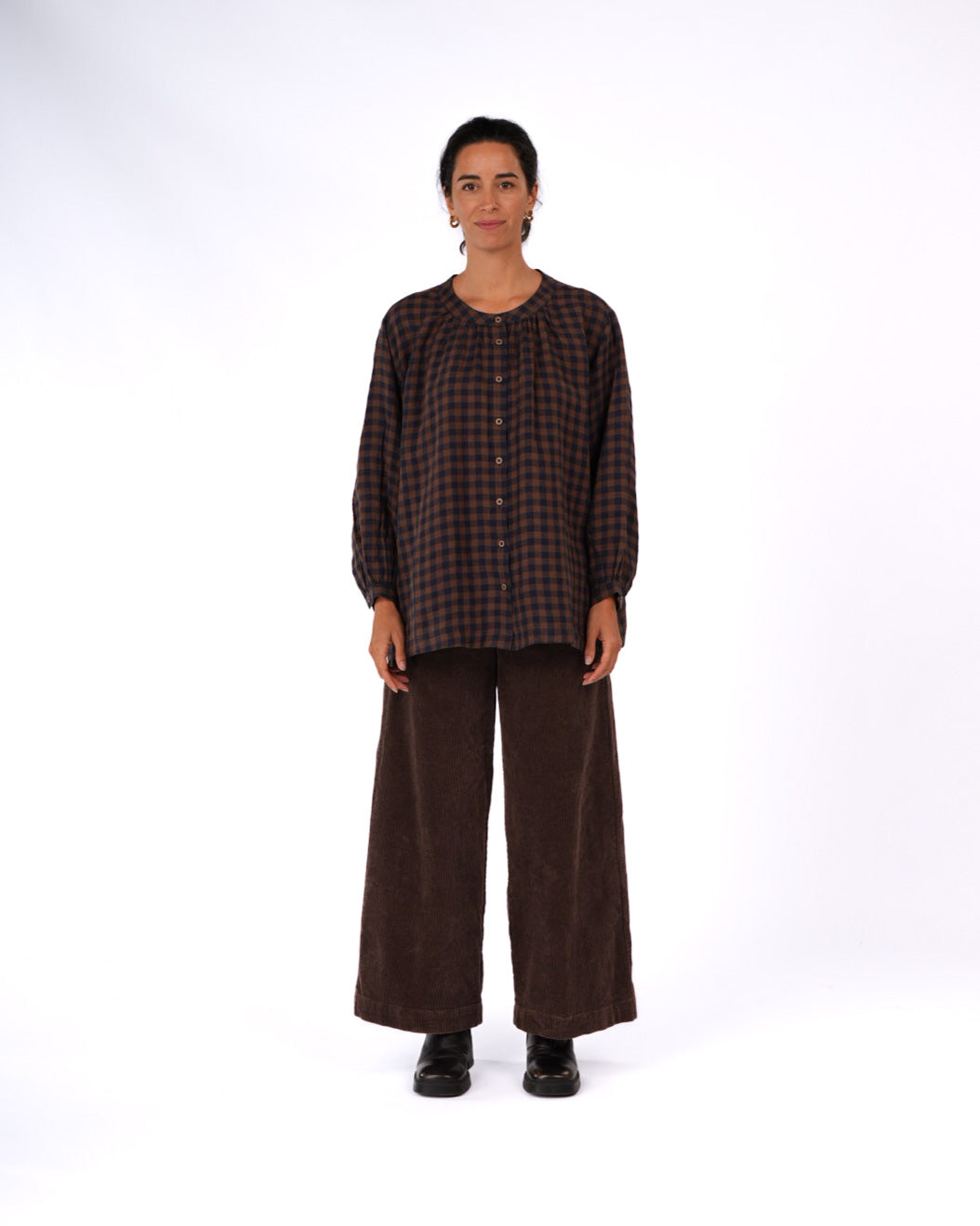 Montaigne Carmen Button Through Long Sleeve Top in Blue Brown Check2