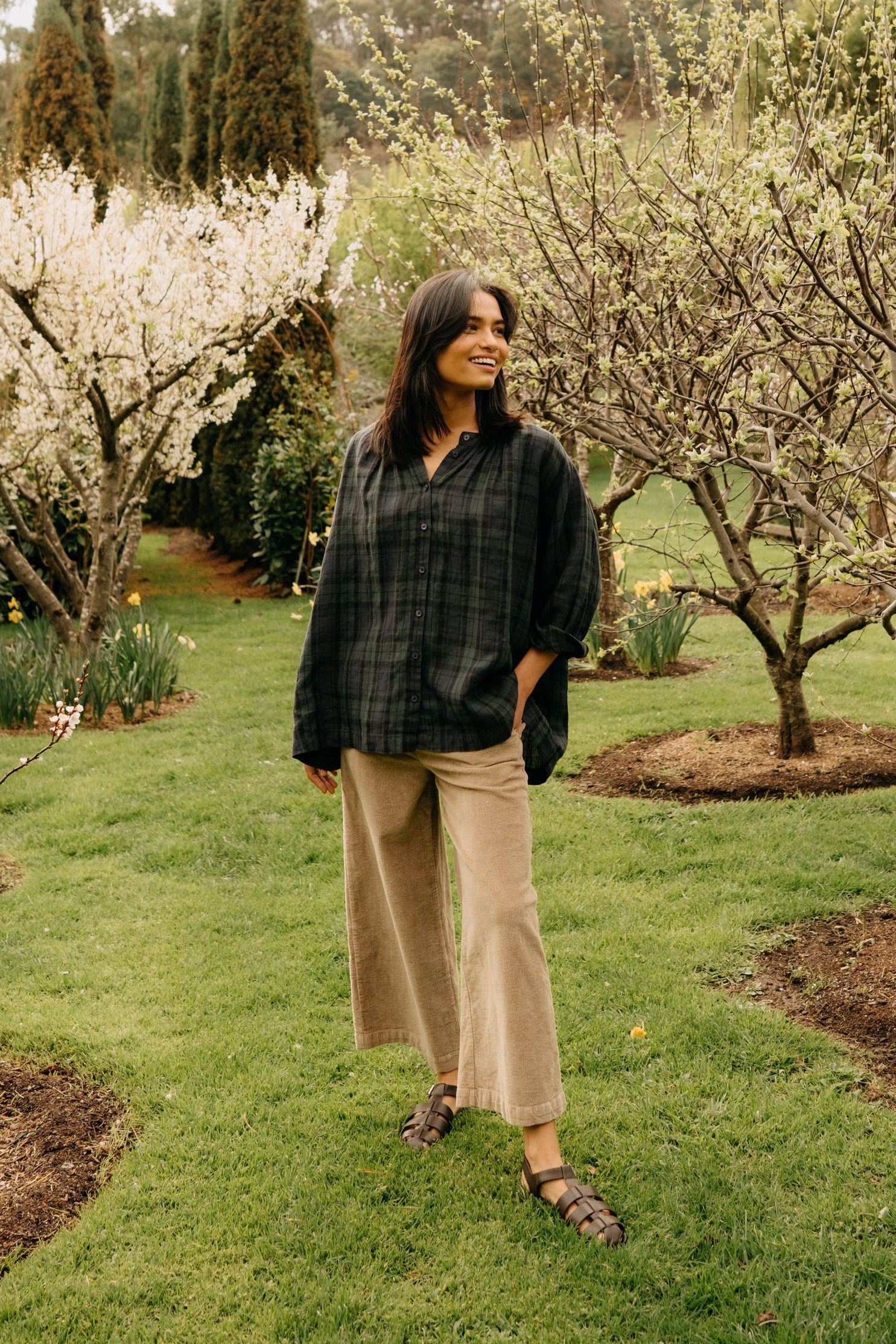 Montaigne Carmen Button Through Long Sleeve Top in Tartan