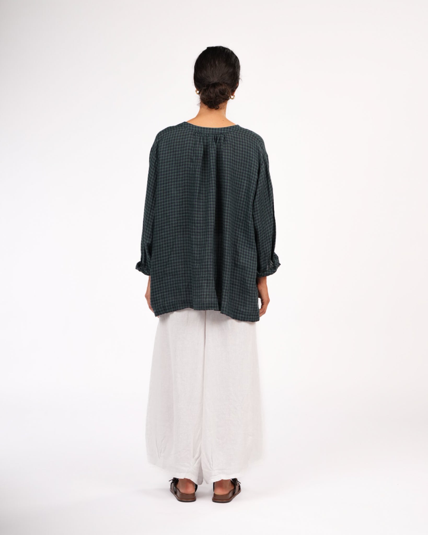 Montaigne Carmen Button Through Long Sleeve Top in Tiny Blue Check2