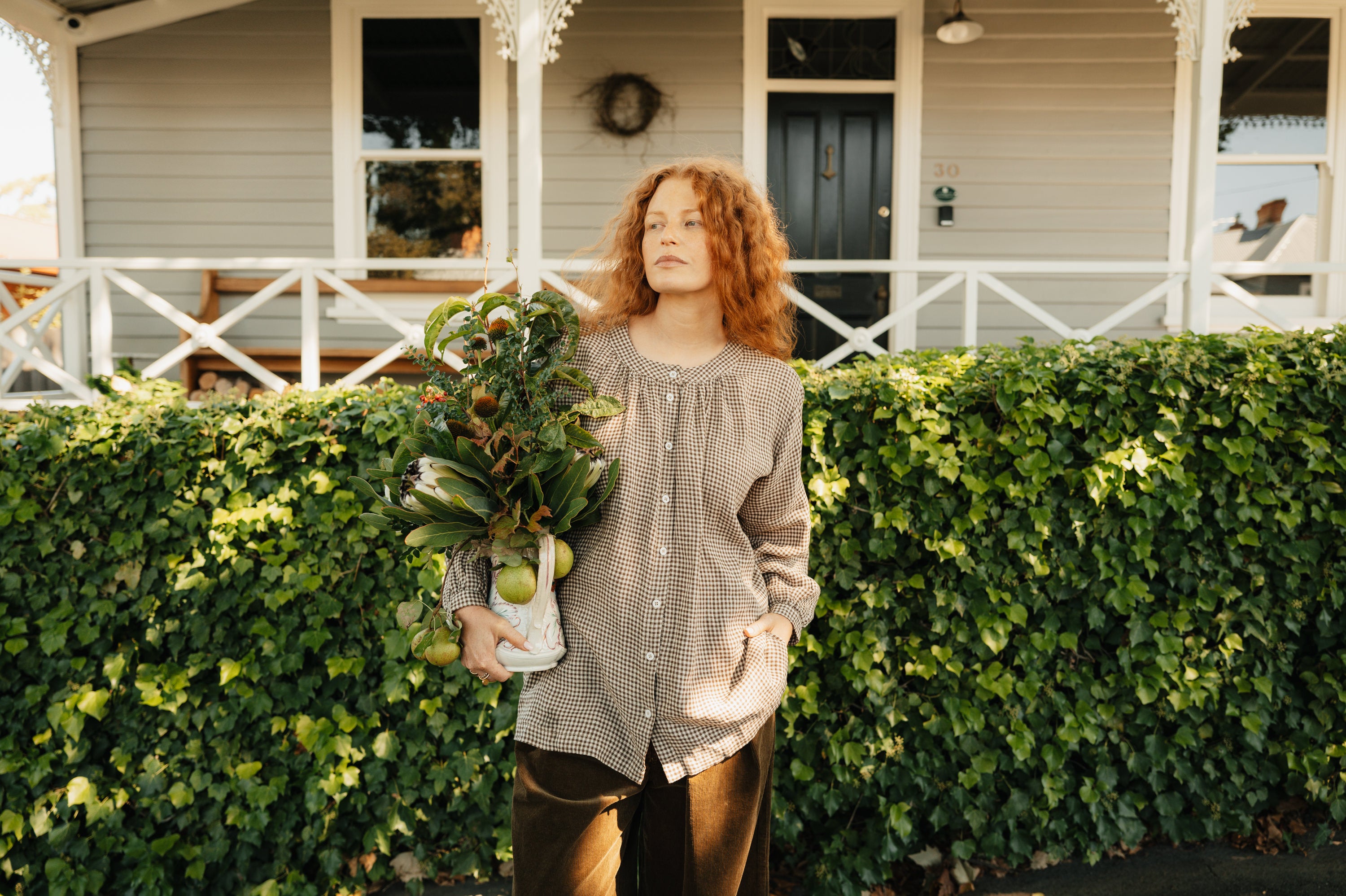 Montaigne Carmen Button Through Long Sleeve Top In Tiny Brown Gingham9