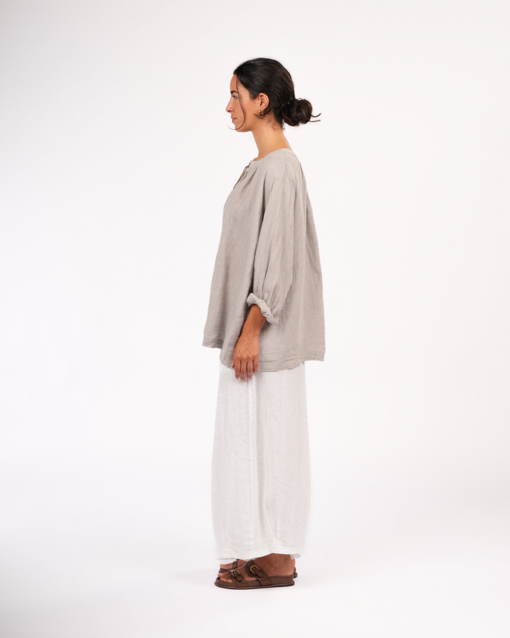 Montaigne Carmen Linen Top in Fine Houndstooth Grey5