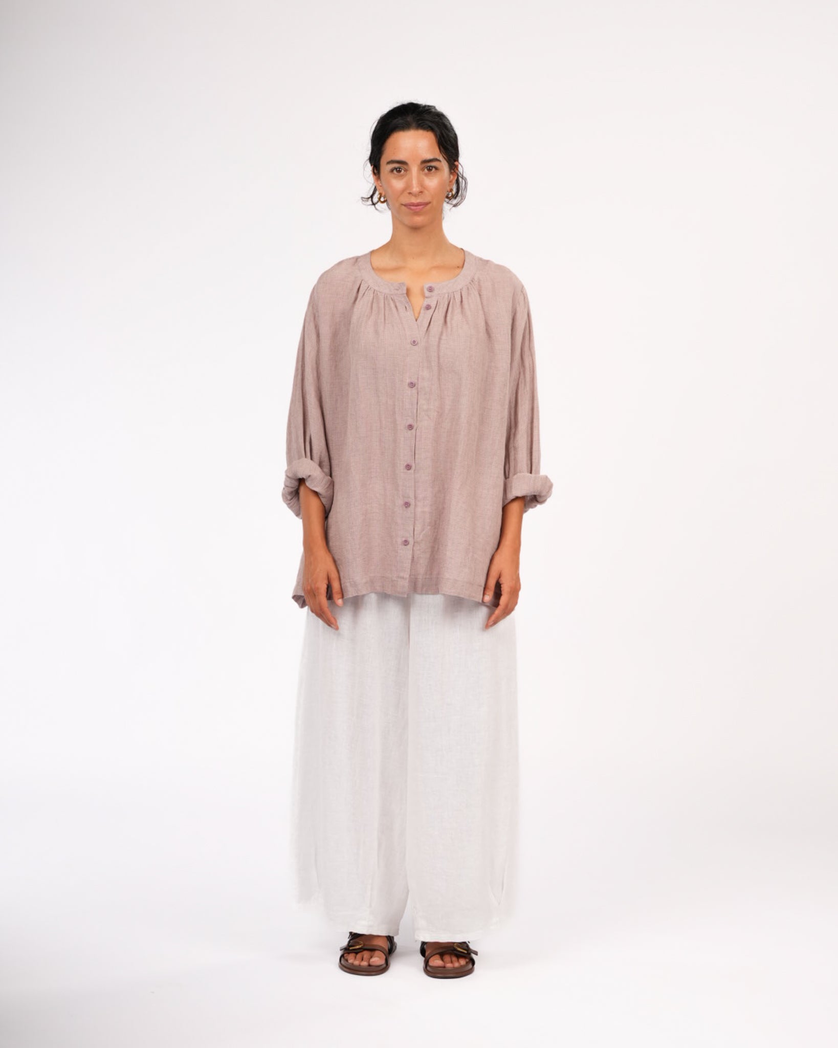 Montaigne Carmen Linen Top in Fine Houndstooth Lilac