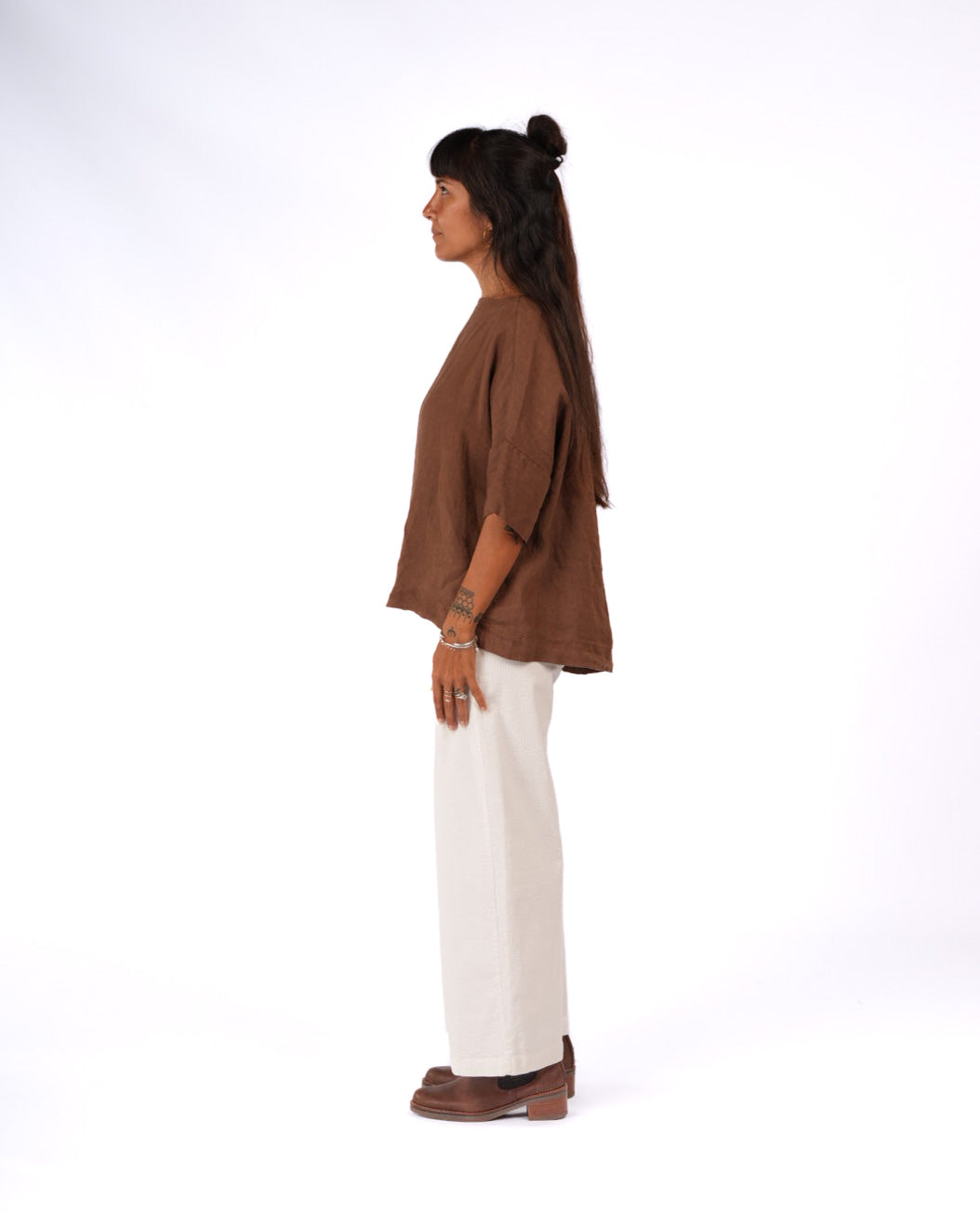 Montaigne Celine Short Sleeved Linen Top Tobacco1
