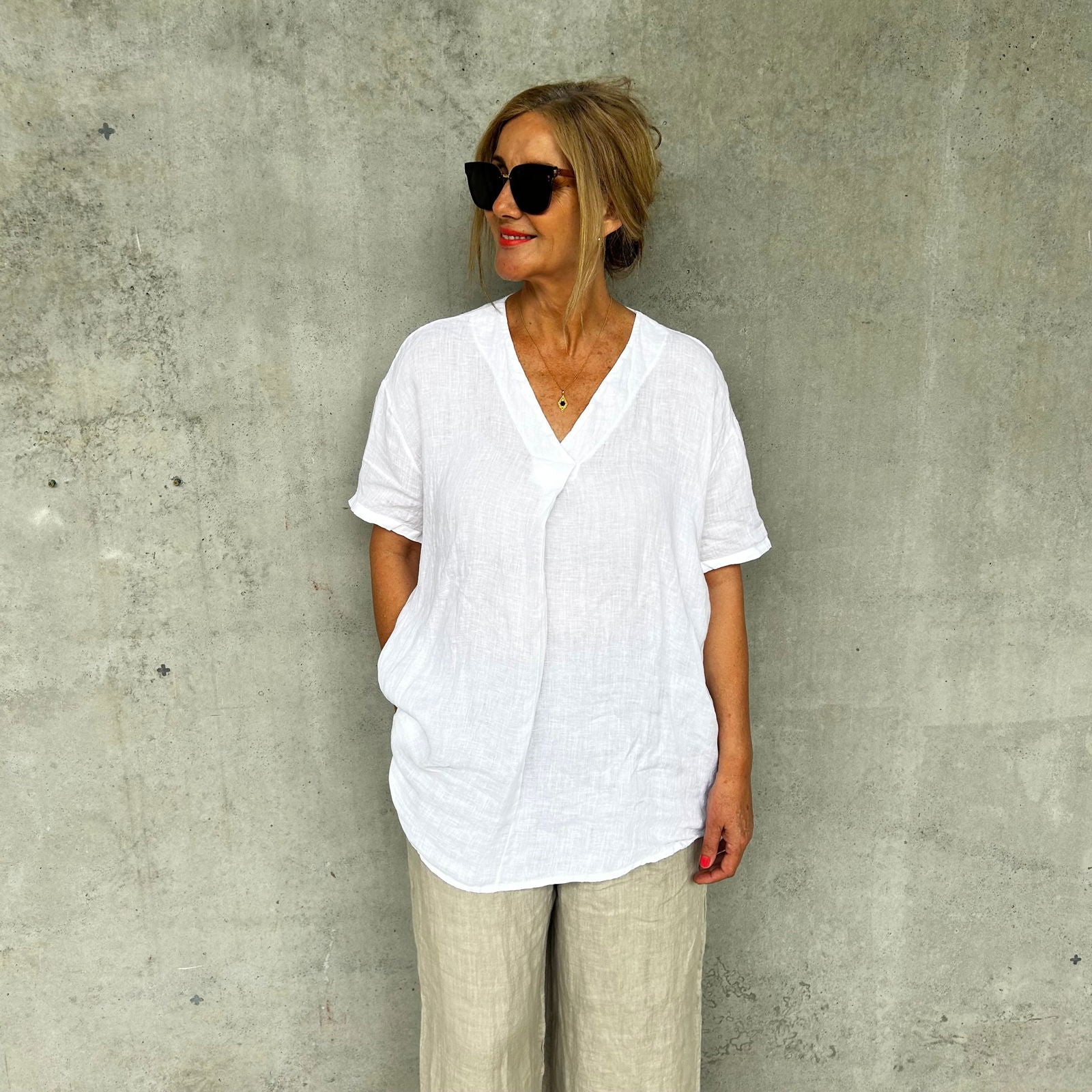 Montaigne Cherise Linen V Neck Top White