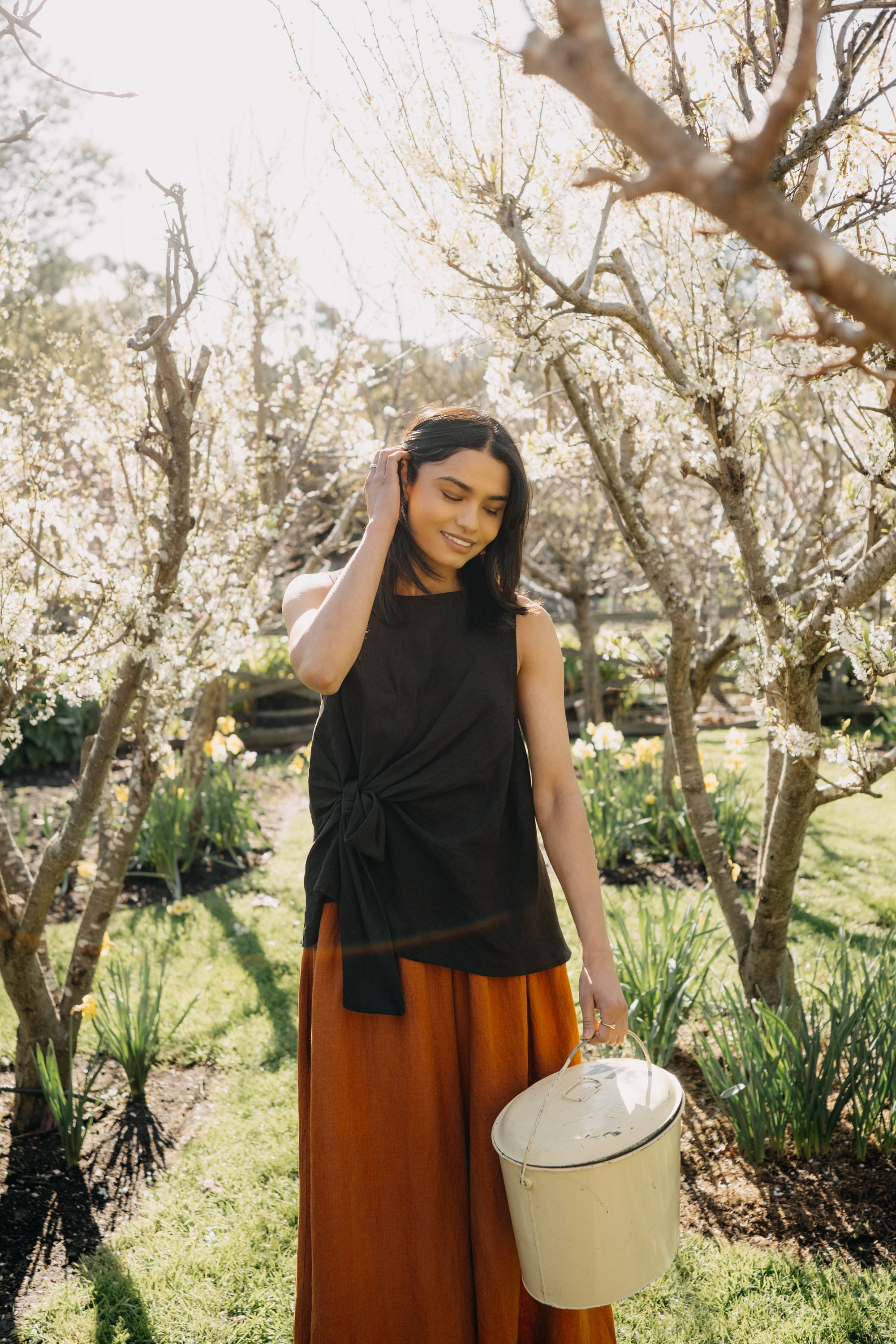 Montaigne Front Tie up Linen Top Black