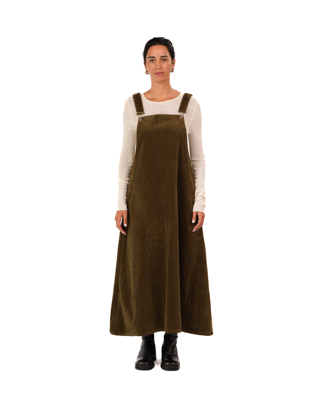Montaigne Corduroy Cotton Midi Overall Style Dress Olive2